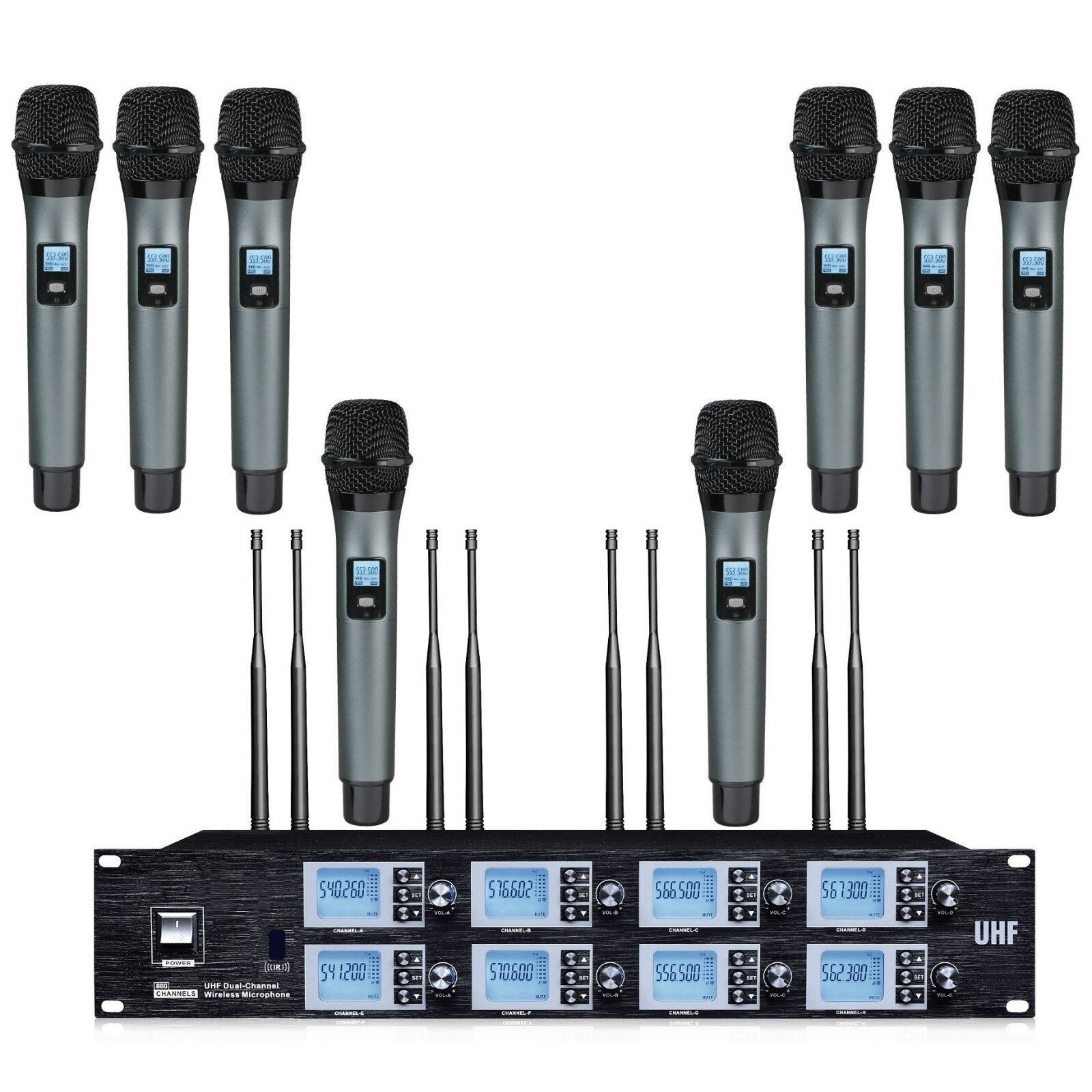 Wireless Microphone System UHF 8-Channels Cordless Mic Set 8 Metal Handheld Mike