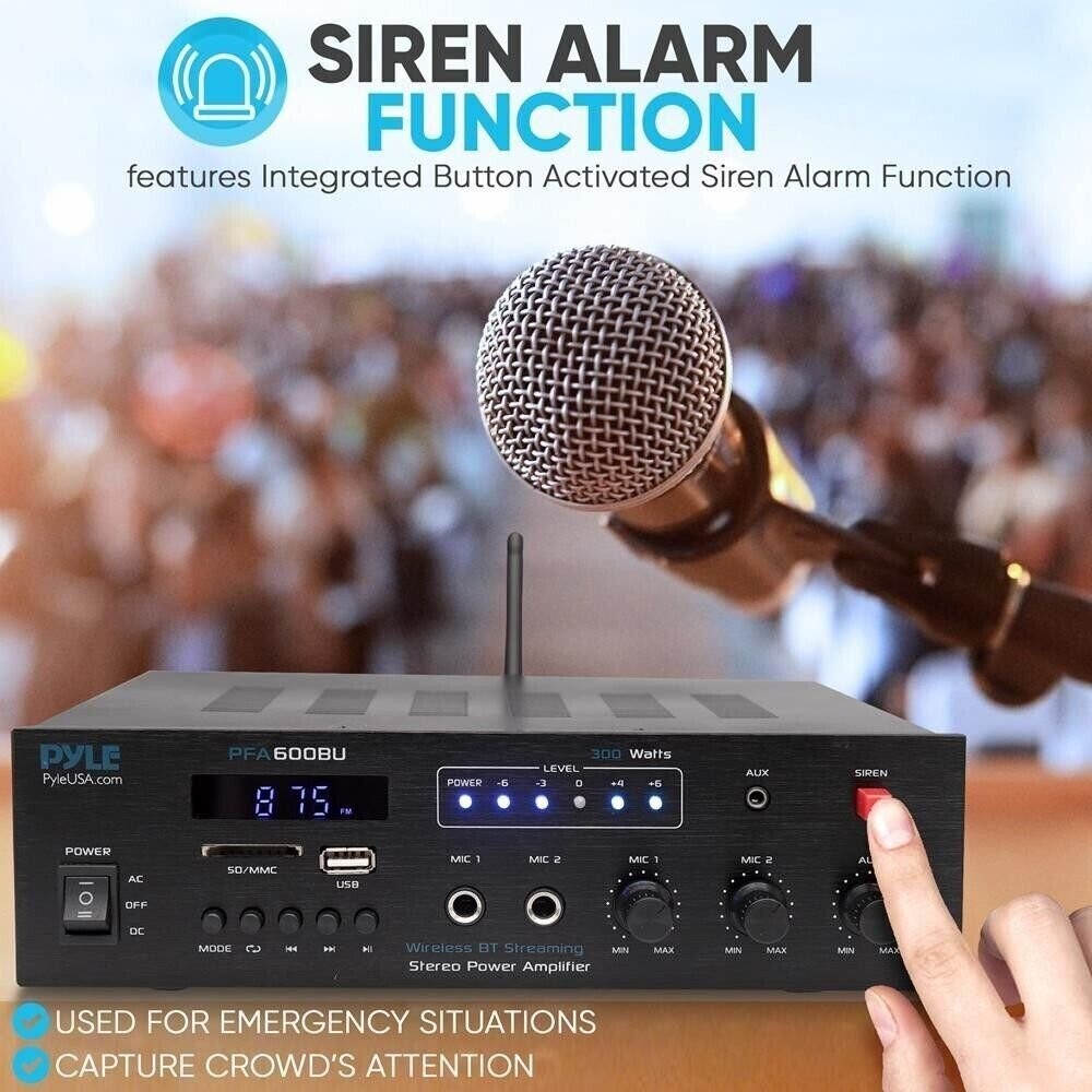 Pyle Wireless Bluetooth Stereo Microphone Receiver Amplifier System, 300 Watts