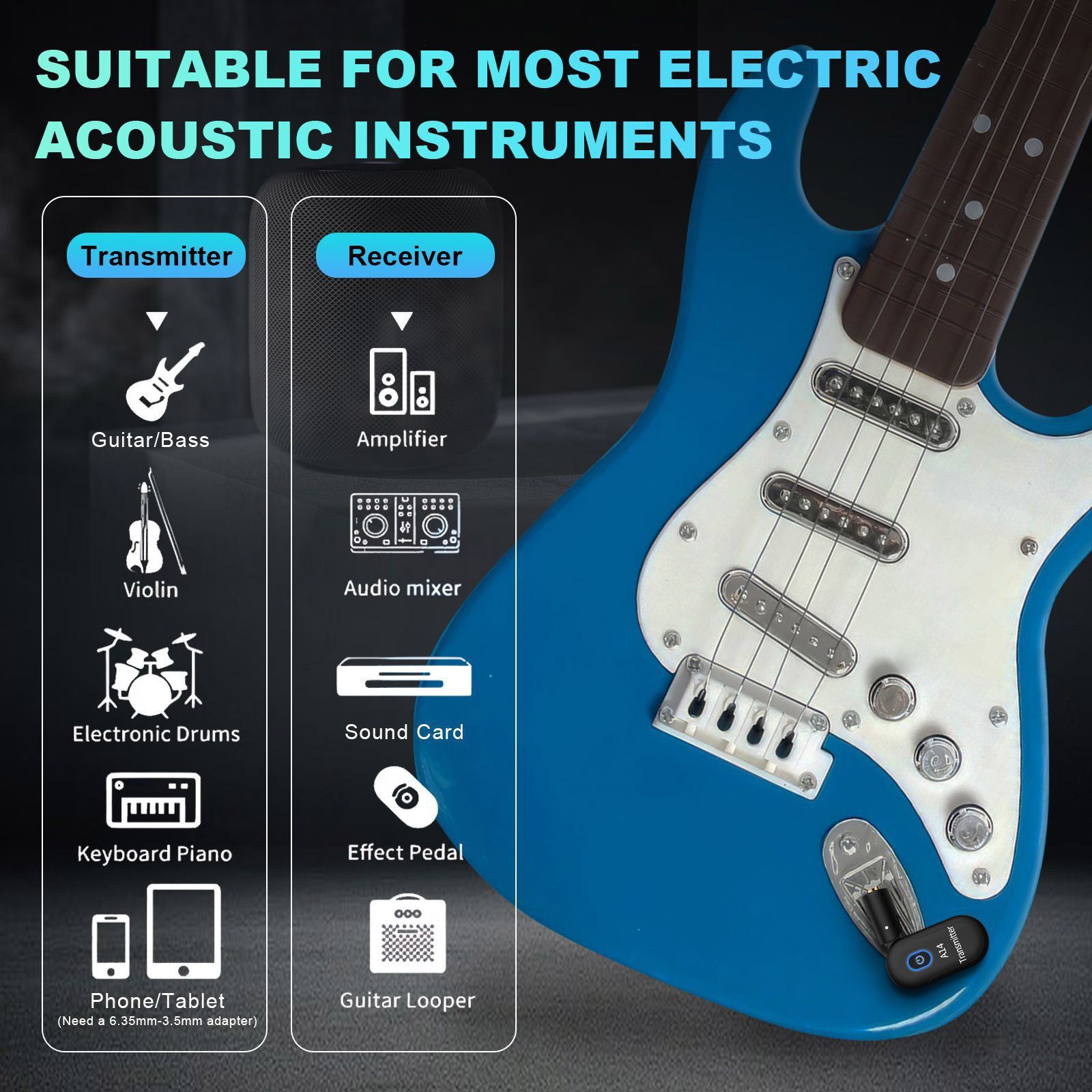 2.4GHz Wireless Audio System for Electric Guitar Bass Violin 30M Transmission