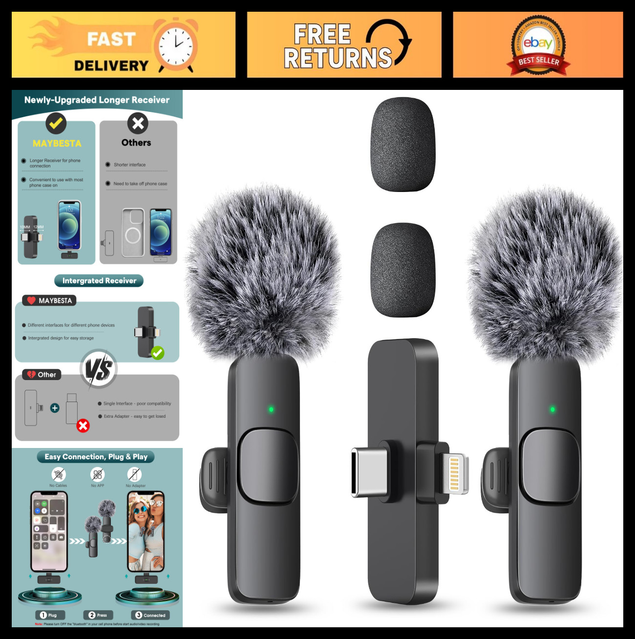 Wireless Mini Microphone 2 Pack – Lavalier Lapel Mic for iPhone Android – Clip-O