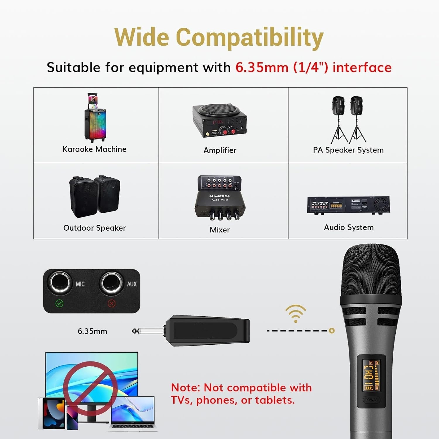 Micrófono inalámbrico dual UHF, de mano, de metal con receptor recargable