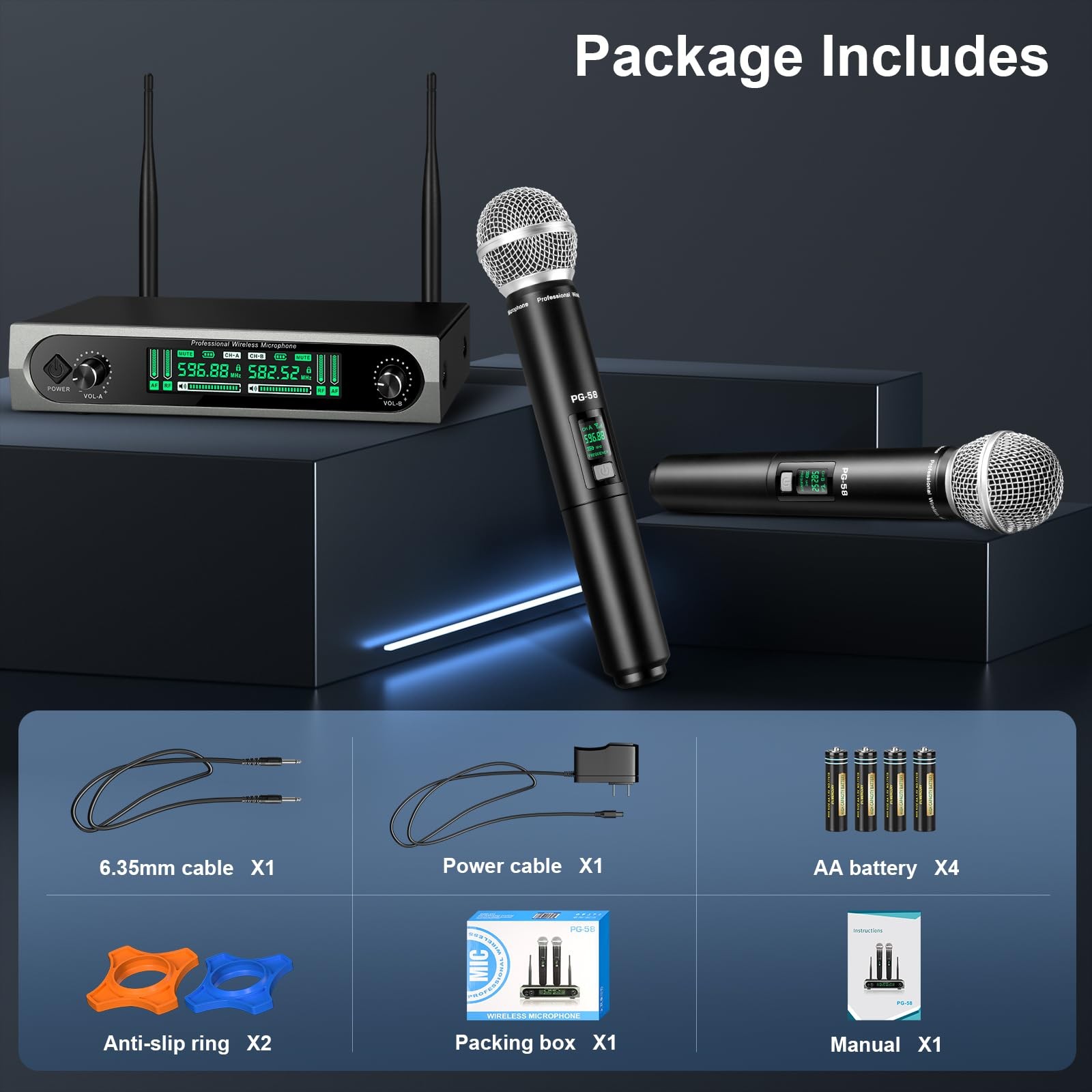 GDPONRM Wireless UHF Microphone System,W/2 Handhelds,Auto Scan,2×50 Black