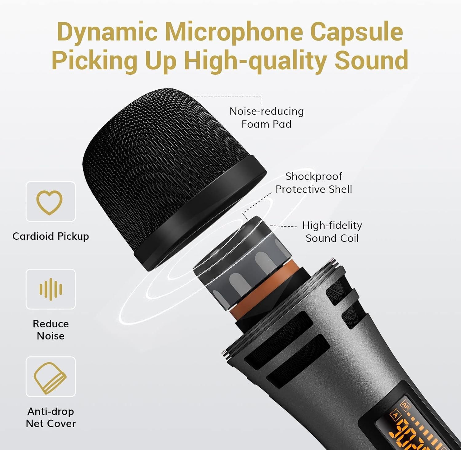 Micrófono inalámbrico dual UHF, de mano, de metal con receptor recargable
