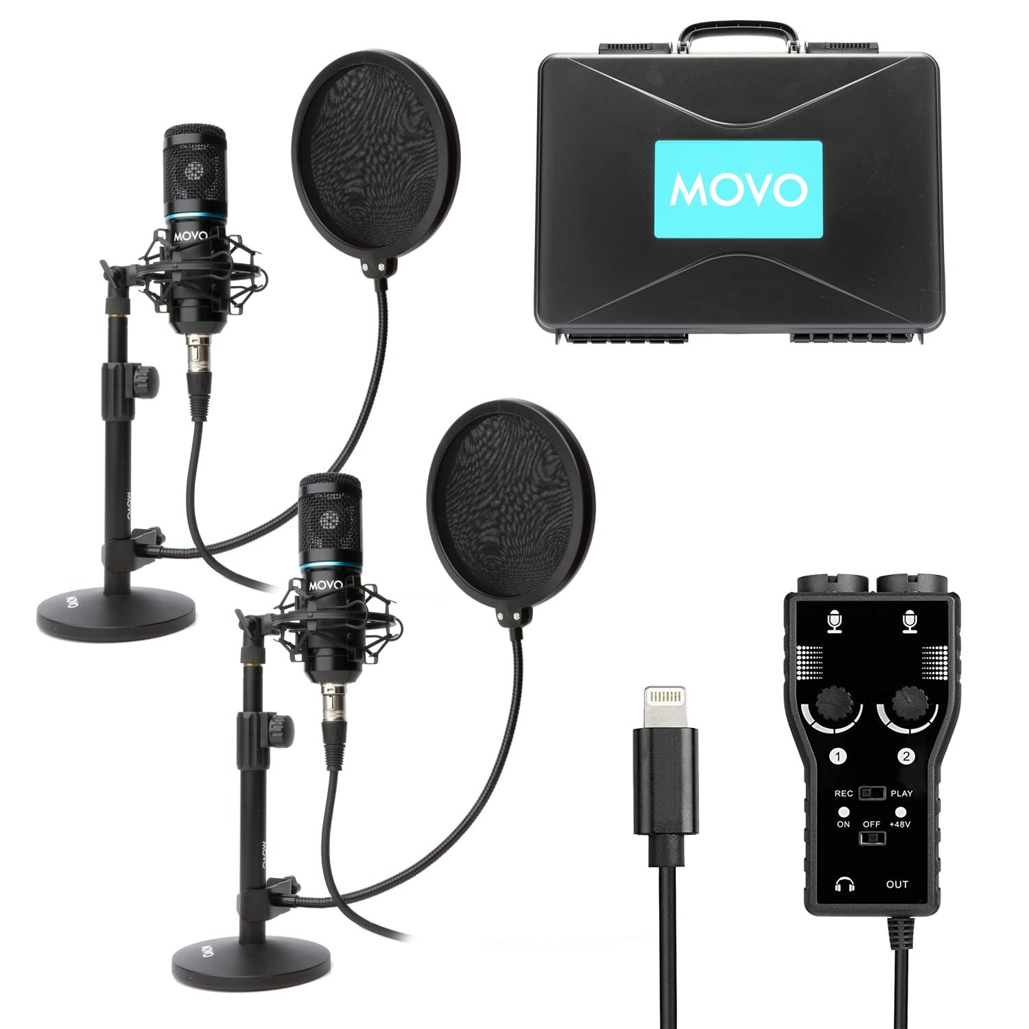 movo iPhone Podcast Equipment Bundle – 2 Pack Condenser Microphones, 2 Desktop