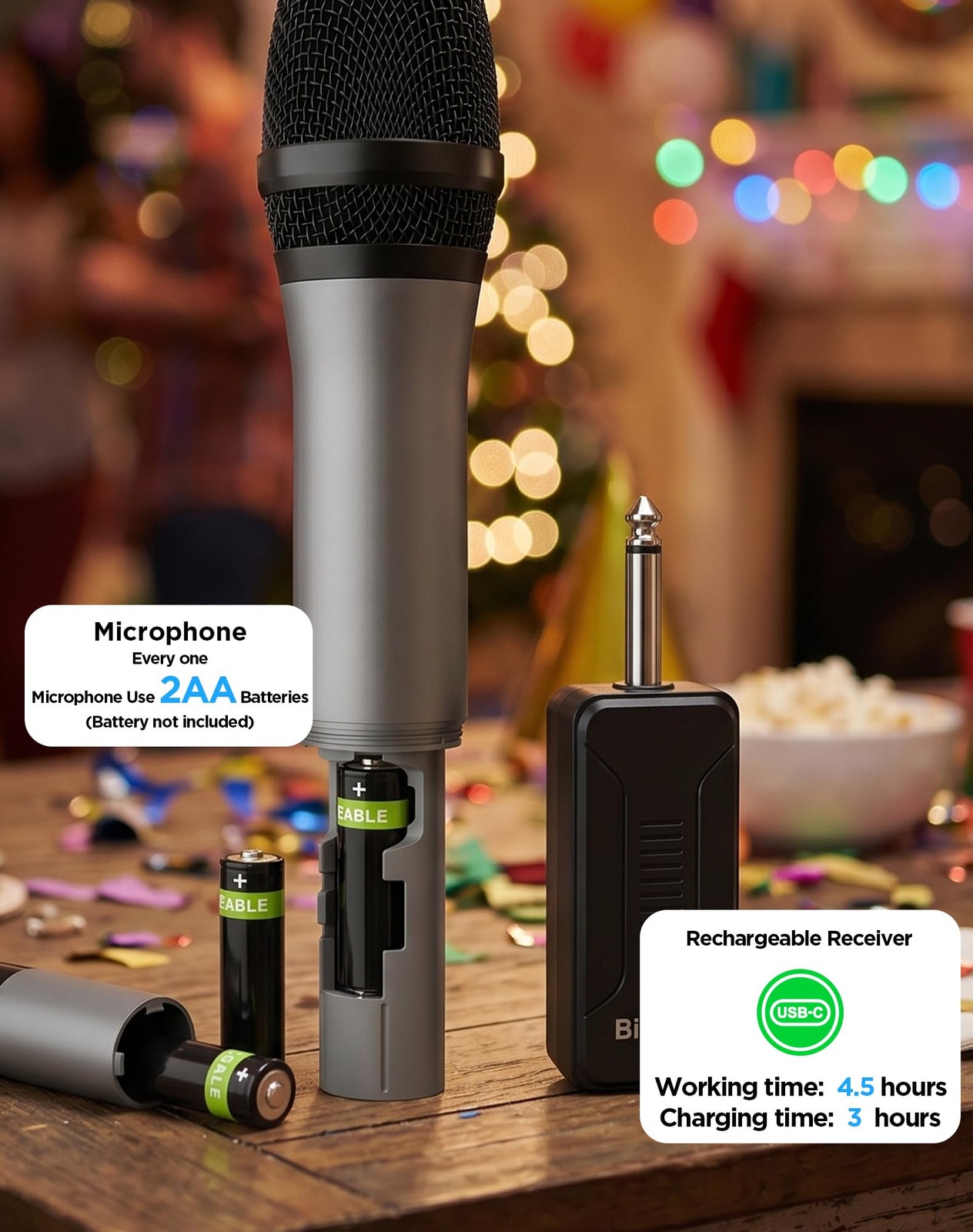 UHF Wireless Microphone with 1/4” Plug Rechargeable Receiver, 160 Feet, Prof…