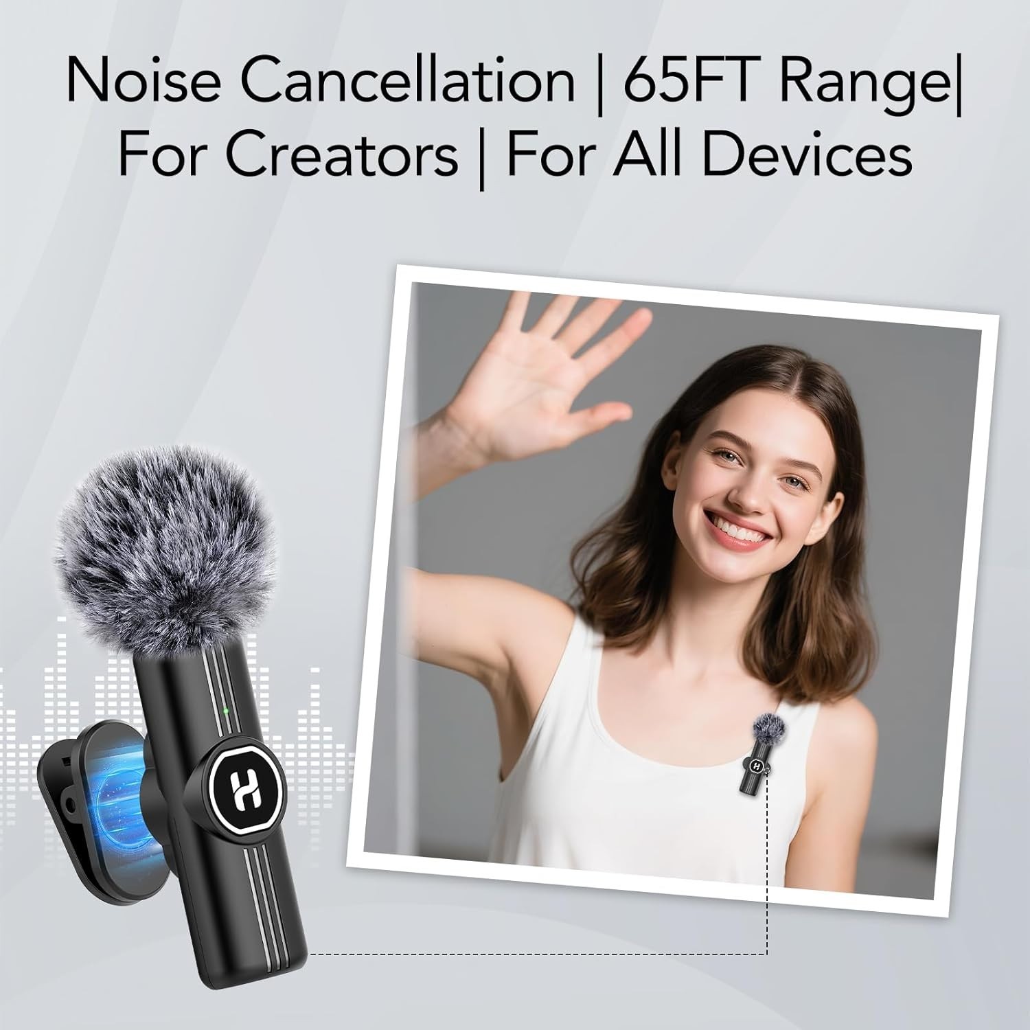 Rechargeable USB C Lavalier Microphone – 65FT Wireless Range, Mute Function