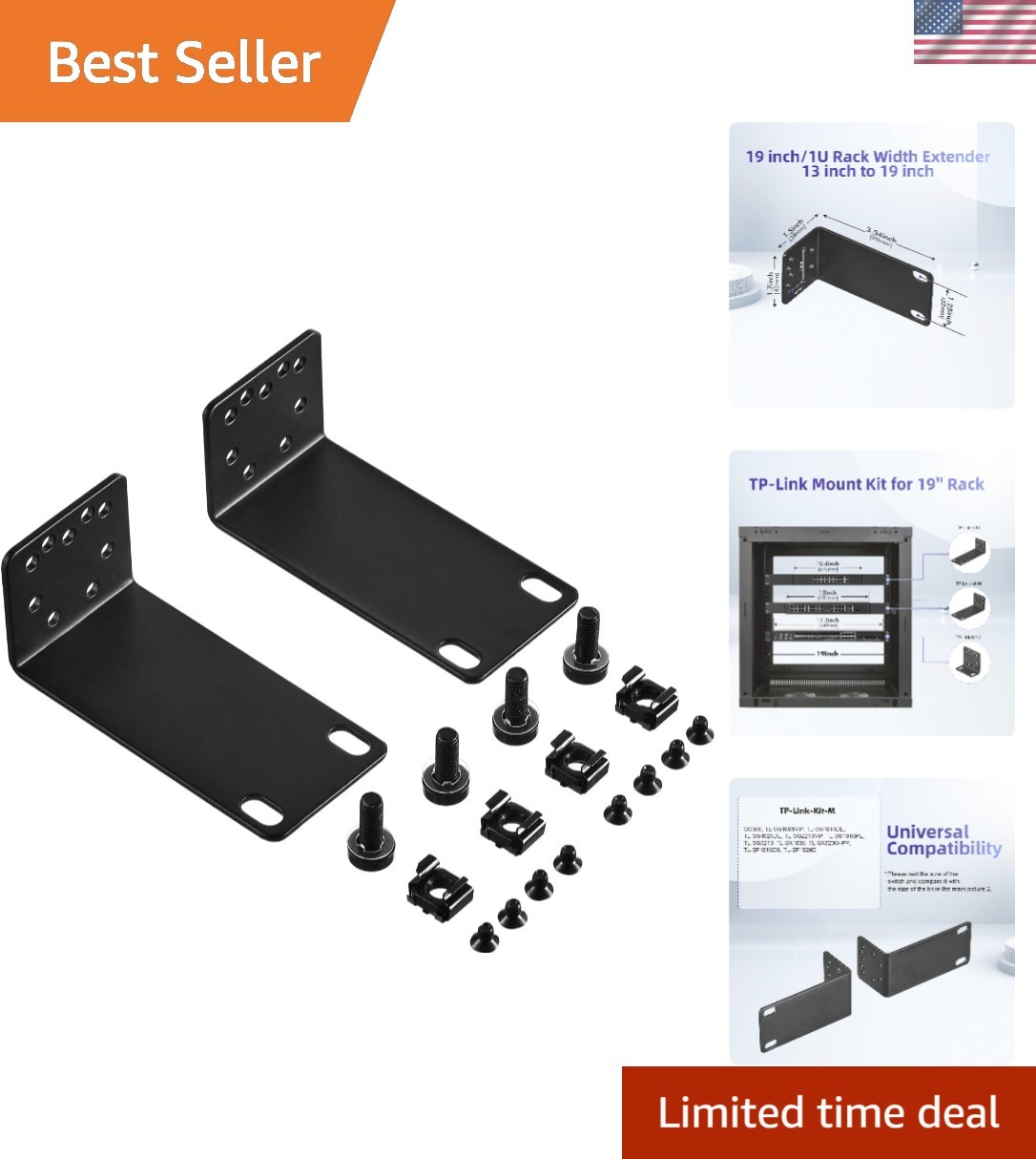 Versatile Rack Mount Ear Kit for TP-Link Switches – 1U Width 13 to 19 Inches