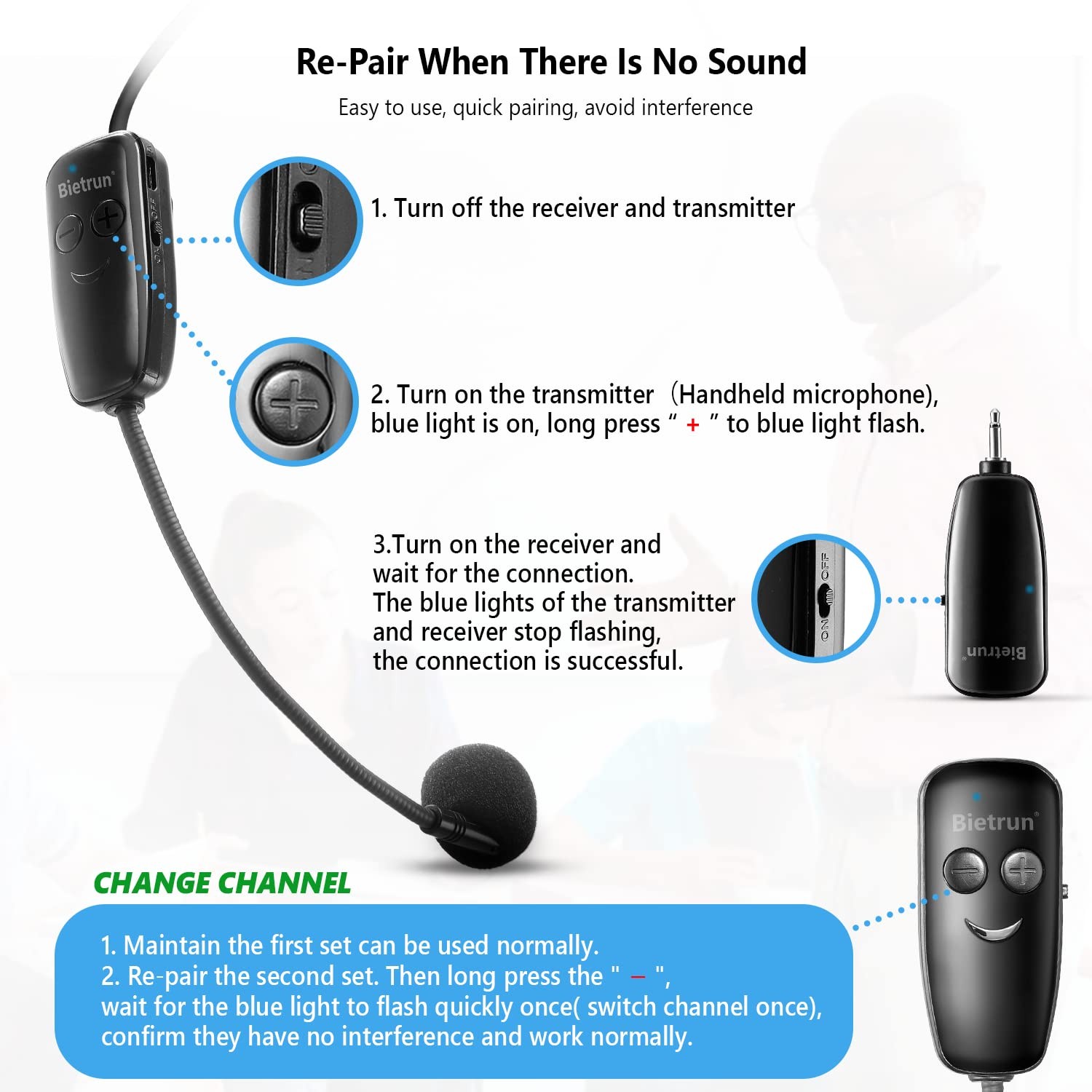 Wireless Microphone Headset, UHF Wireless Headset Mic System, 160ft Range,1/8…