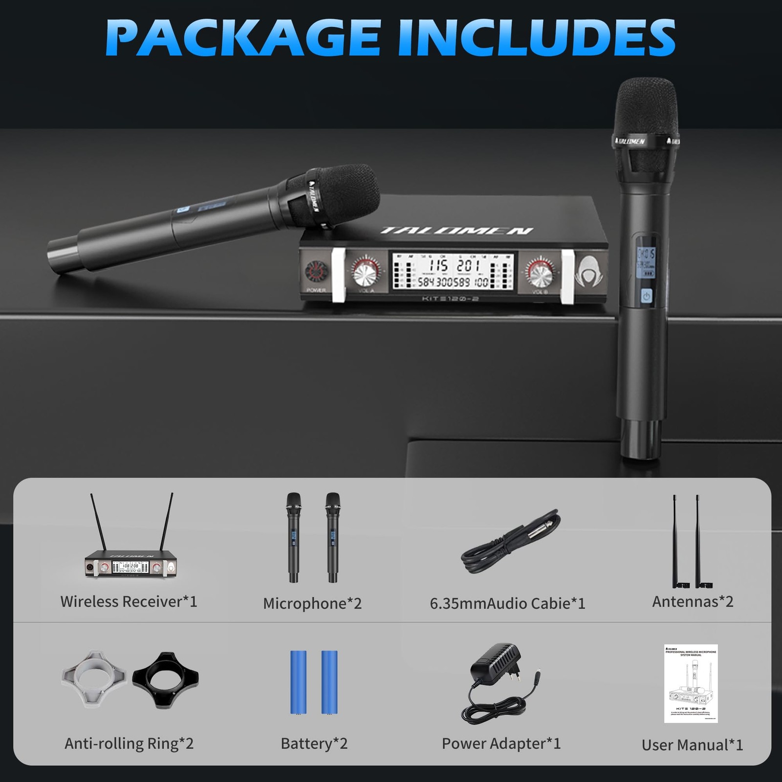 talomen Wireless Microphone System, UHF Dual Channel Handheld Handheld, Black