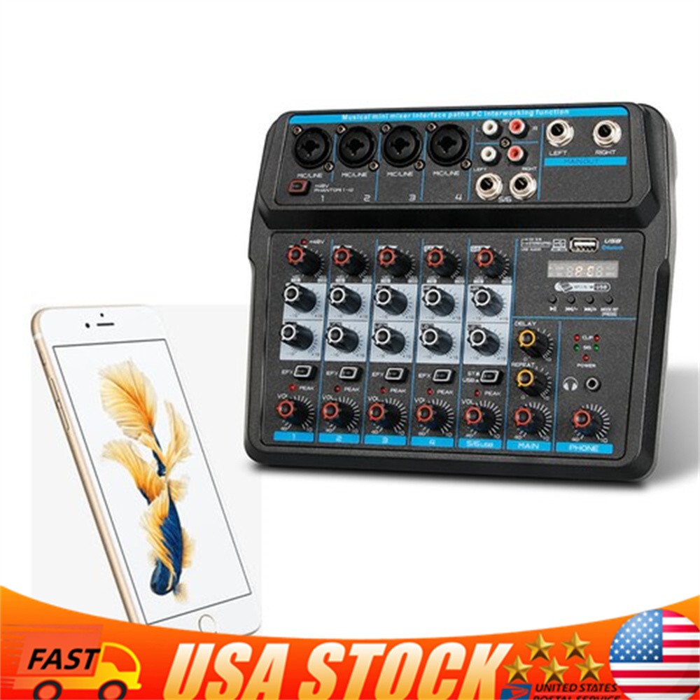 6Channel Live Audio Mixer Bluetooth USB DJ Sound Mixing Console Amplifier Studio