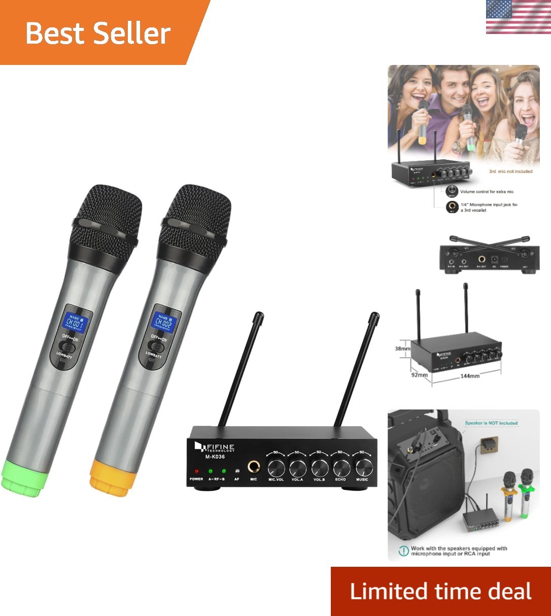 UHF Dual Channel Wireless Handheld Microphone, Easy-to-use Karaoke Wireless M…