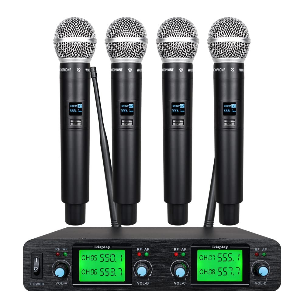 Tbaxo 4 Channel Wireless Microphone System 4 Handheld Mic UHF Karaoke Black