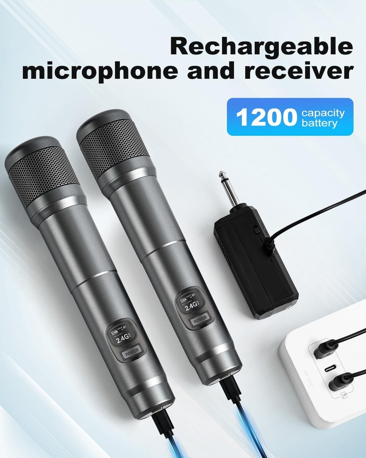 Wireless Microphone, Dual Handheld Dynamic Mic with Rechargeable Receiver, 40…