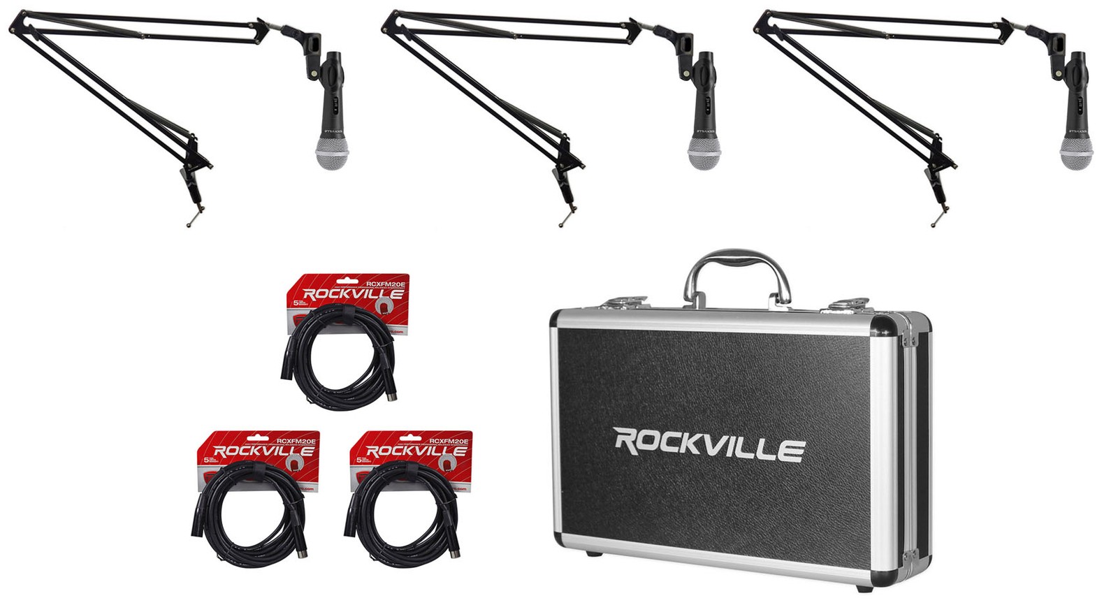 Rockville 3 Pack of Microphones+Case+Boom Arms For Podcast Podcasting Broadcast