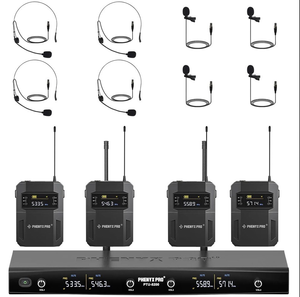 Phenyx Pro PTU-5200 4-Channel UHF Wireless Microphone System Bodypack Headset
