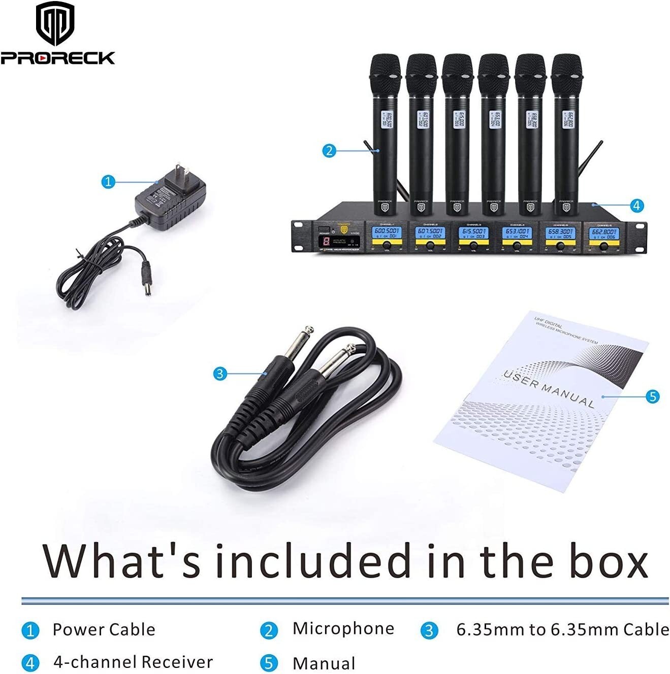 proreck MX66 UHF Wireless Microphone 6-Channel System with 6 Hand-held Mics Set