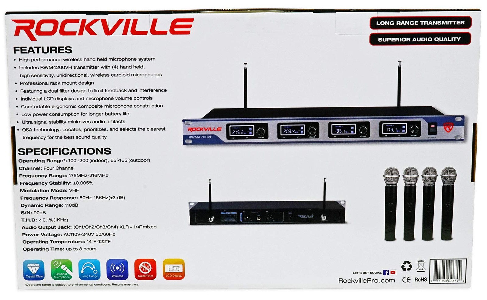 Rockville RWM4200VH VHF Wireless Quad Handheld Microphone System 4 Mics,