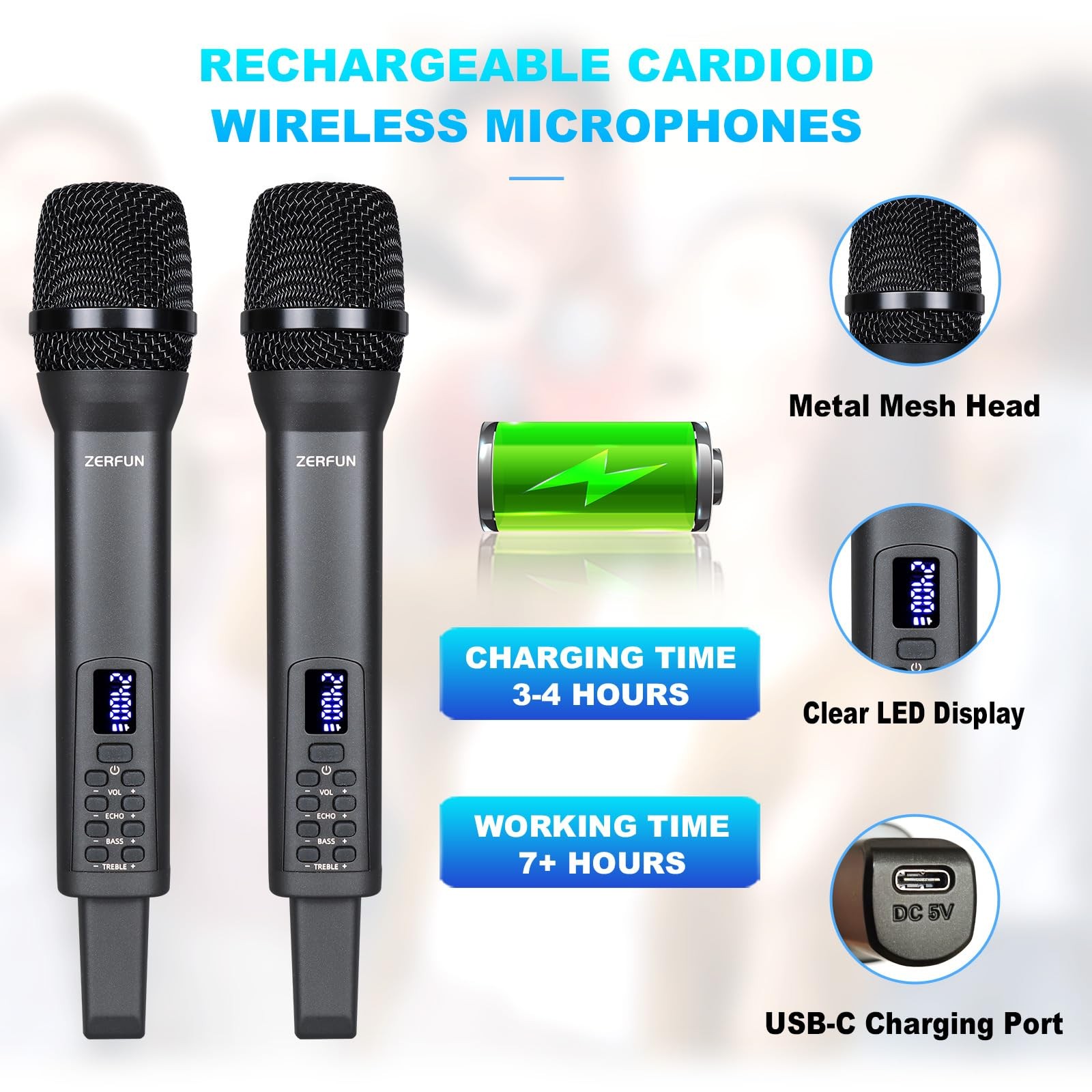 ZERFUN Rechargeable Wireless Microphones Dual, Pro Handheld Cordless Gray