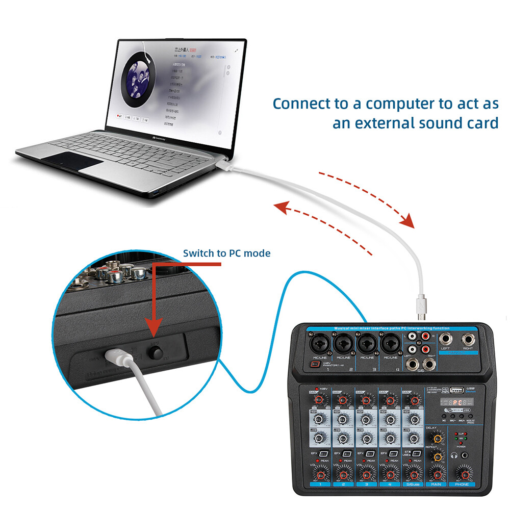 Professional Audio Mixer Bluetooth USB DJ Console 6 Channel Karaoke Live Studio