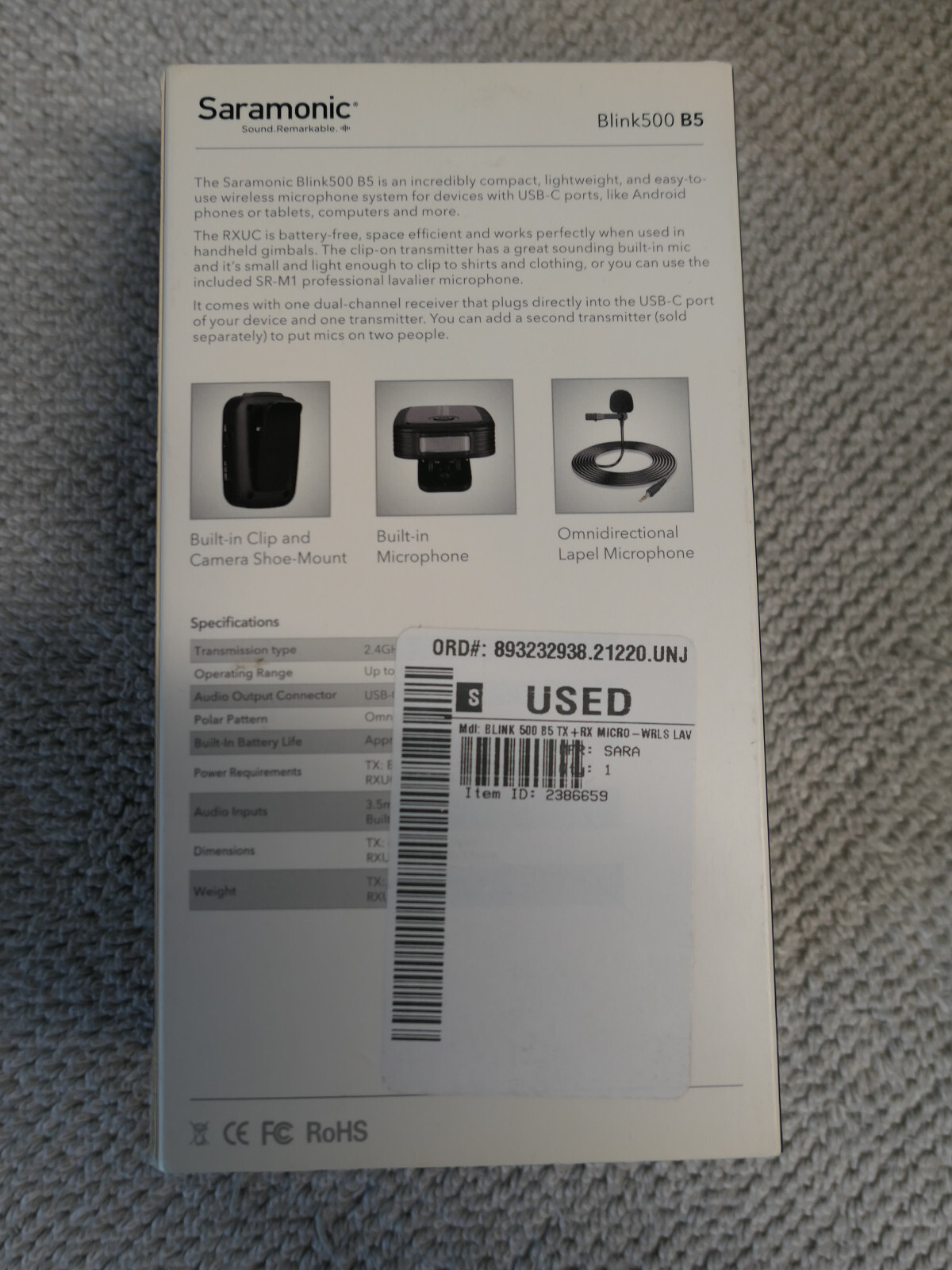 Saramonic Blink 500 B5 USB-C Wireless Microphone System – VG/EX Condition