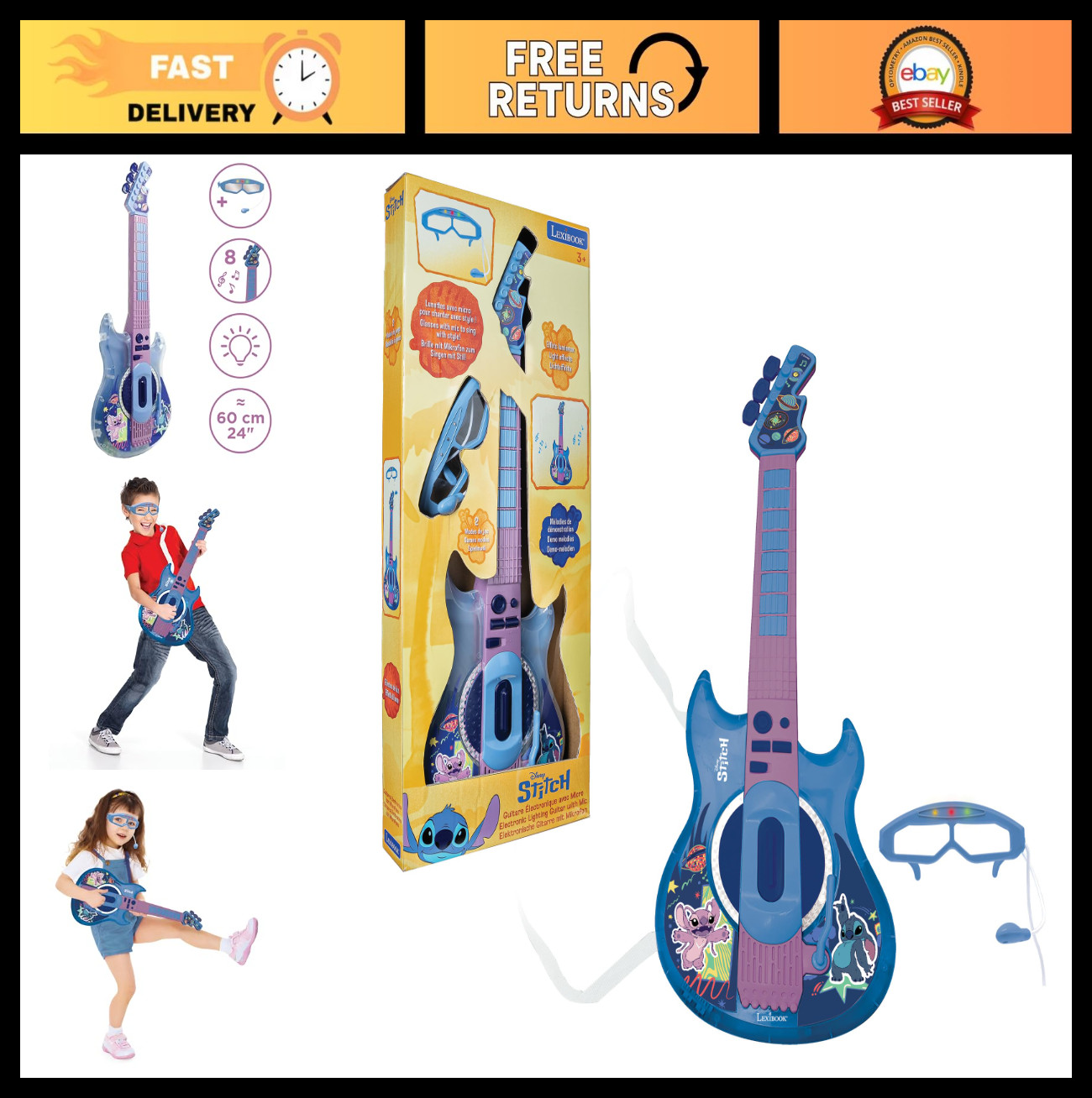 Electronic Guitar with Microphone & Glasses, Disney Stitch, 2 Game Modes, Lights