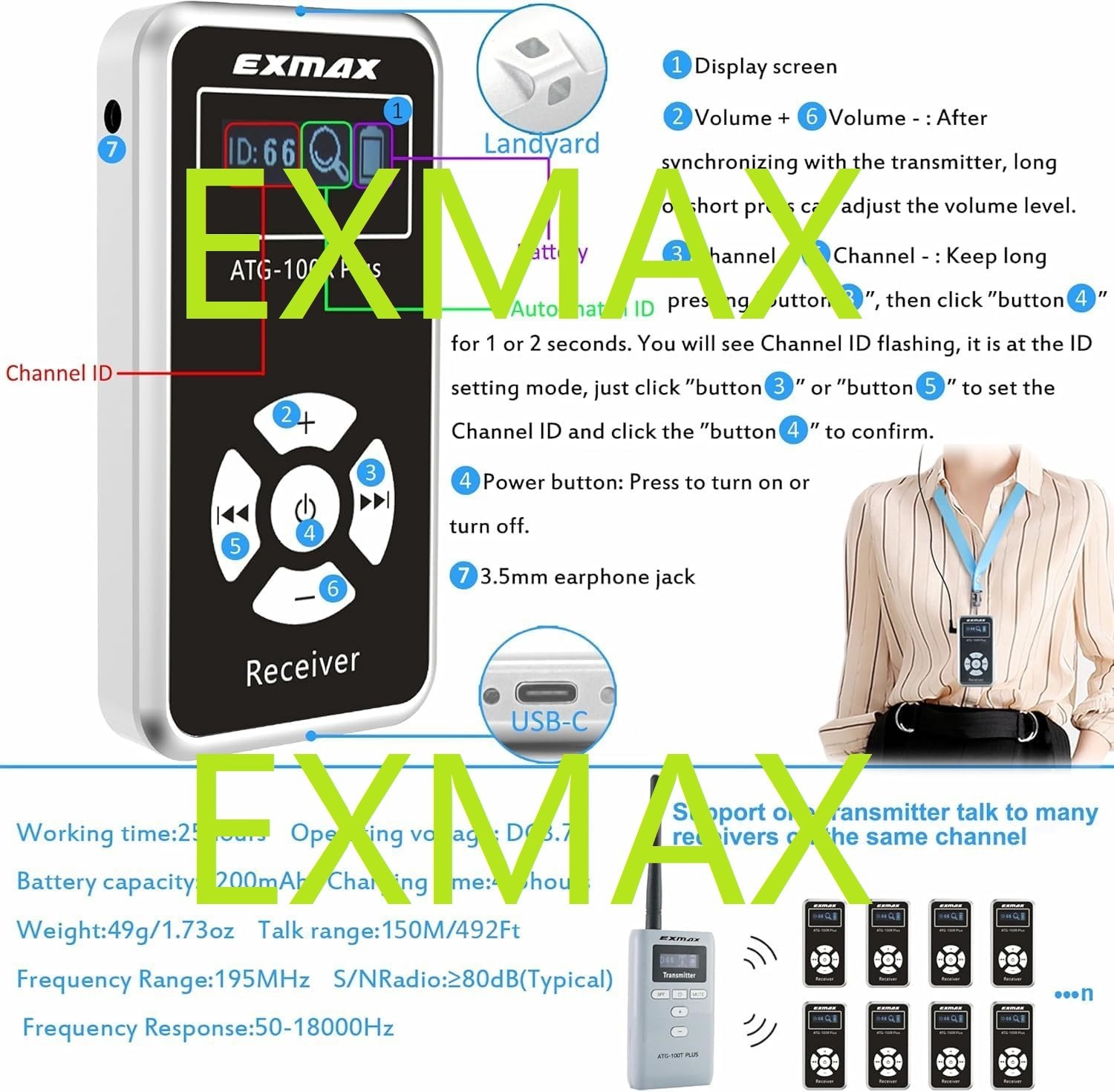 EXMAX Plus 195MHz Wireless Tour Guide System for Traning Translation Conference