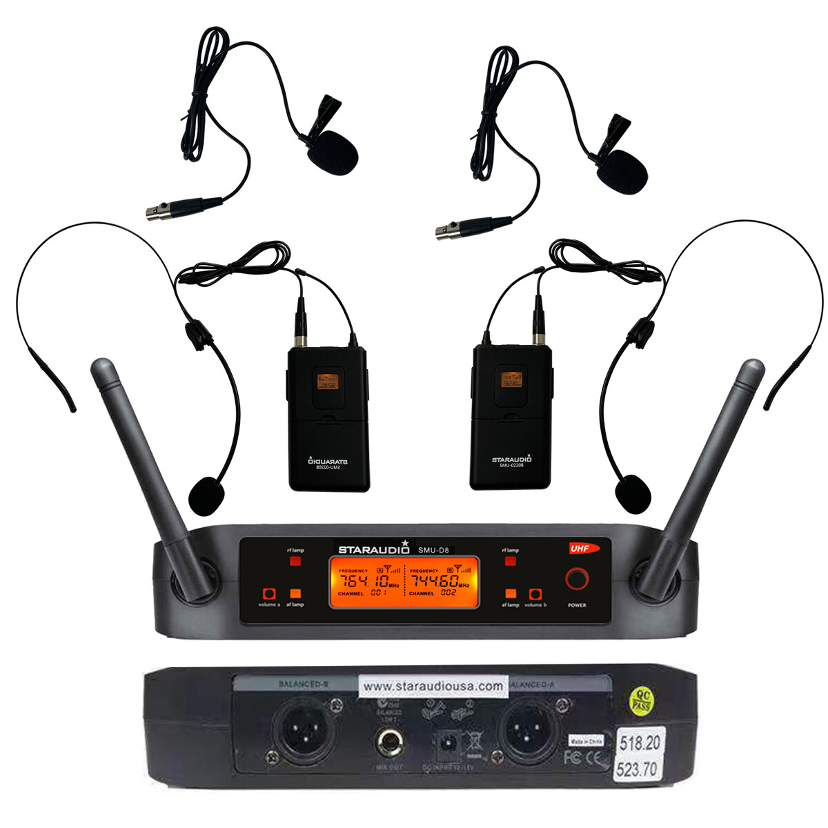 Wireless UHF DJ Microphone System 2 Channel Headset Lavalier Lapel Bodypack Mics
