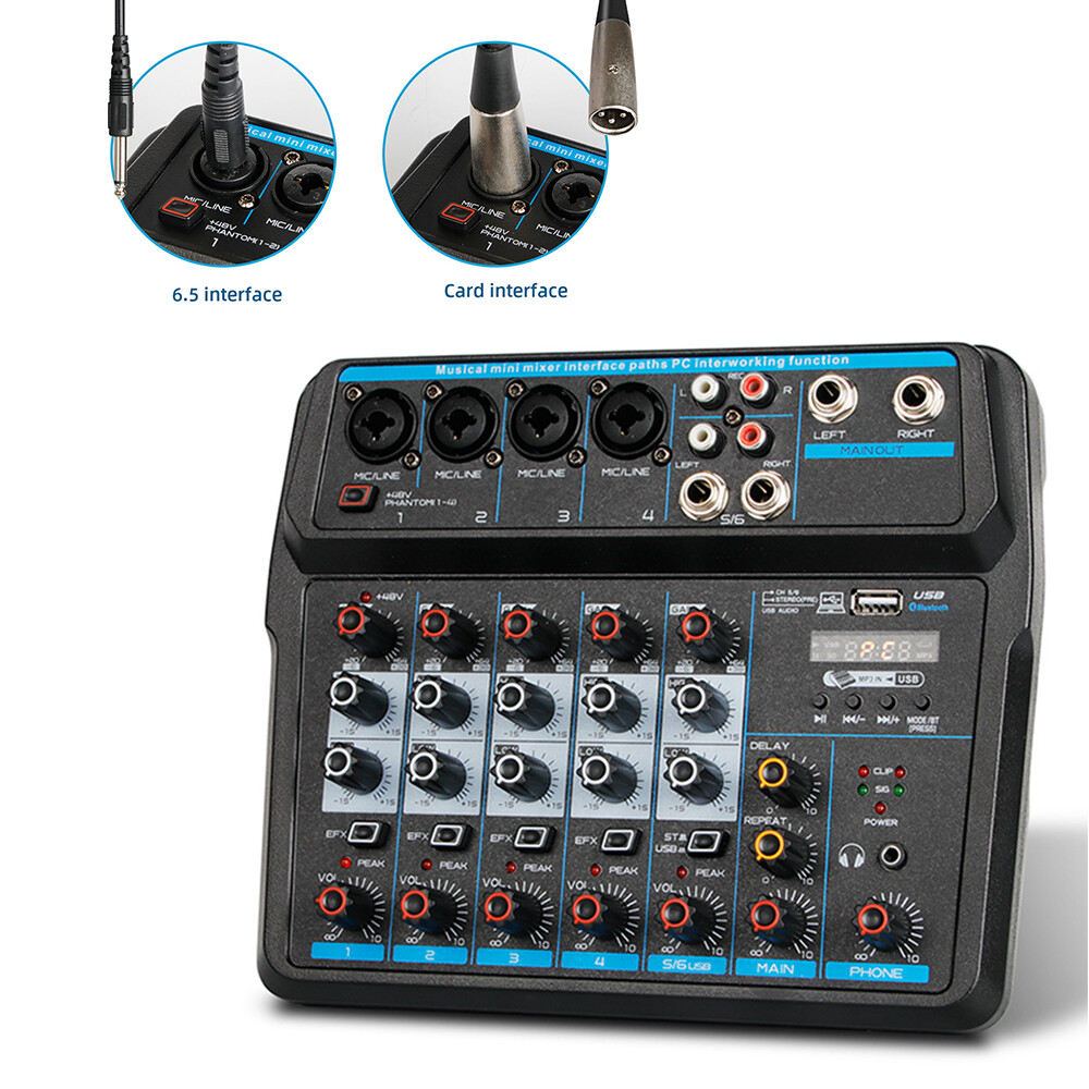 Audio Mixer 6 Channel 6 Input Mixing Console with Mic Preamplifier for Studio