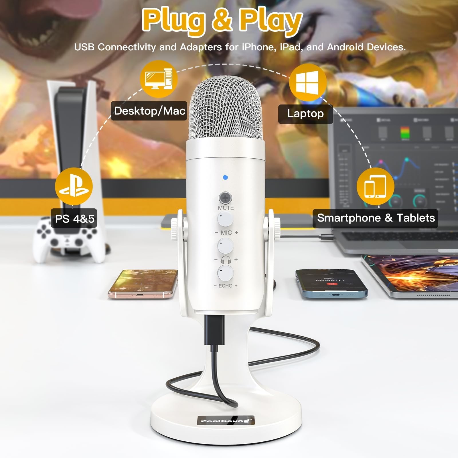 Podcast Microphone for iPhone, PC & Android – Noise Cancelling, Gain Knob, Mute