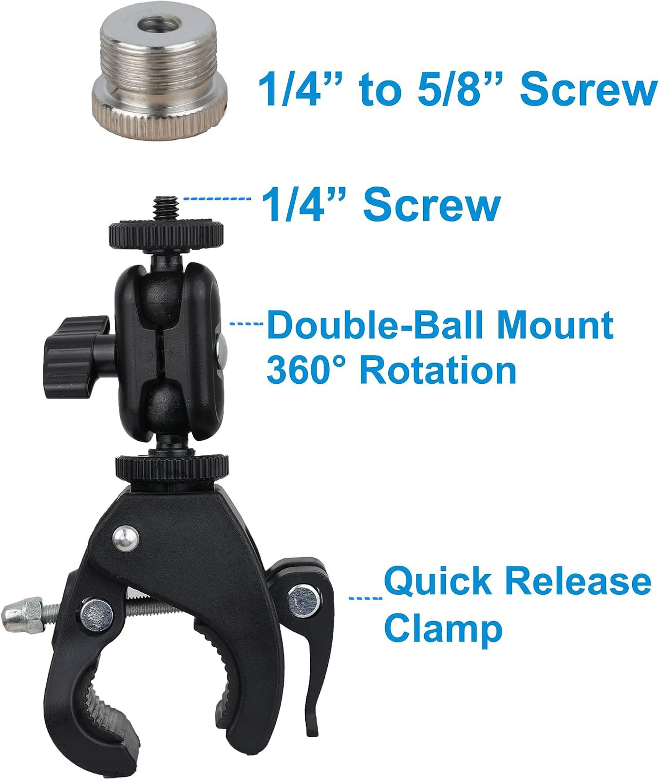 Microphone Clamp with Double Ball Head Adjustment 1/4 to 5/8 Inch Thread Fits