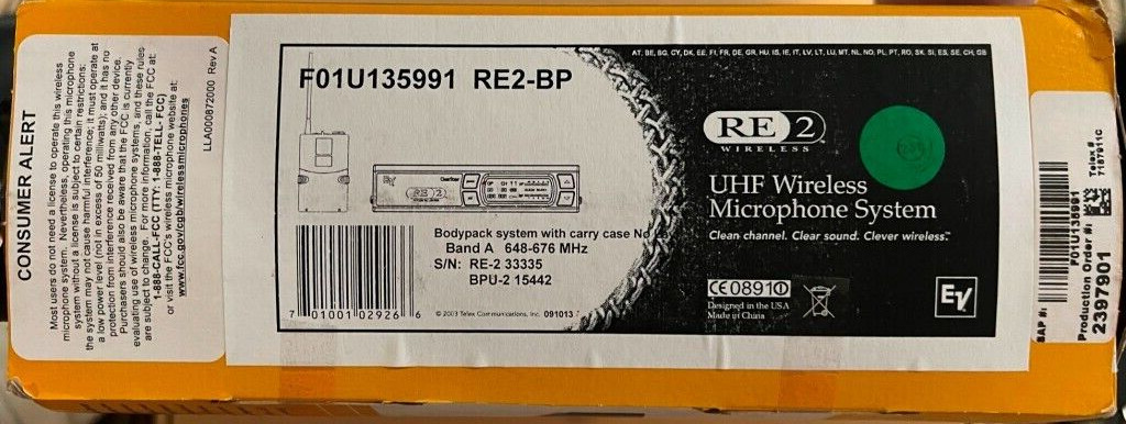 ElectroVoice UHF Wireless Microphone system EV-RE2-BP, Band-A.