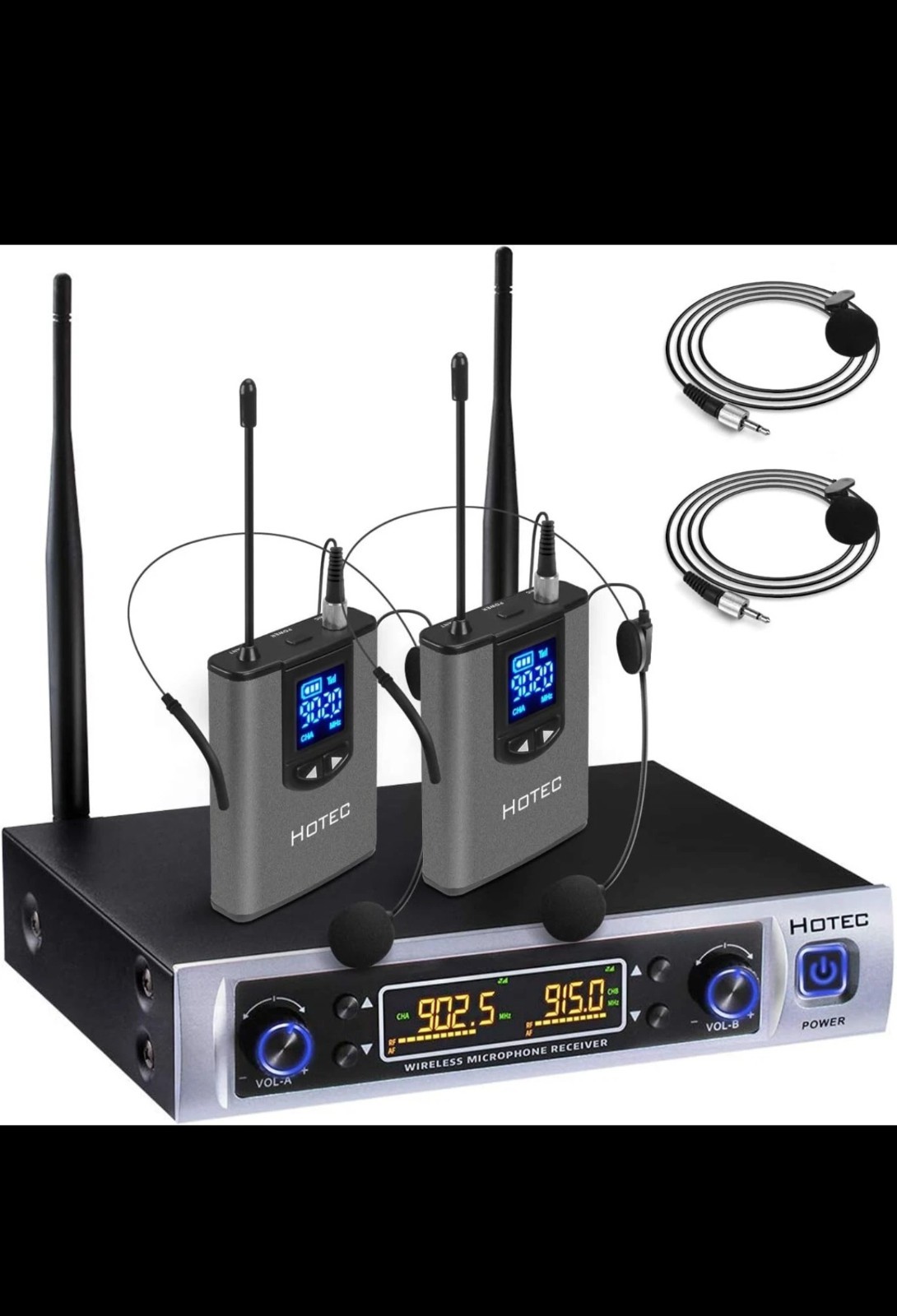 Hotec Dual Wireless Microphone System with Lapel Lavalier an Headset Microphones