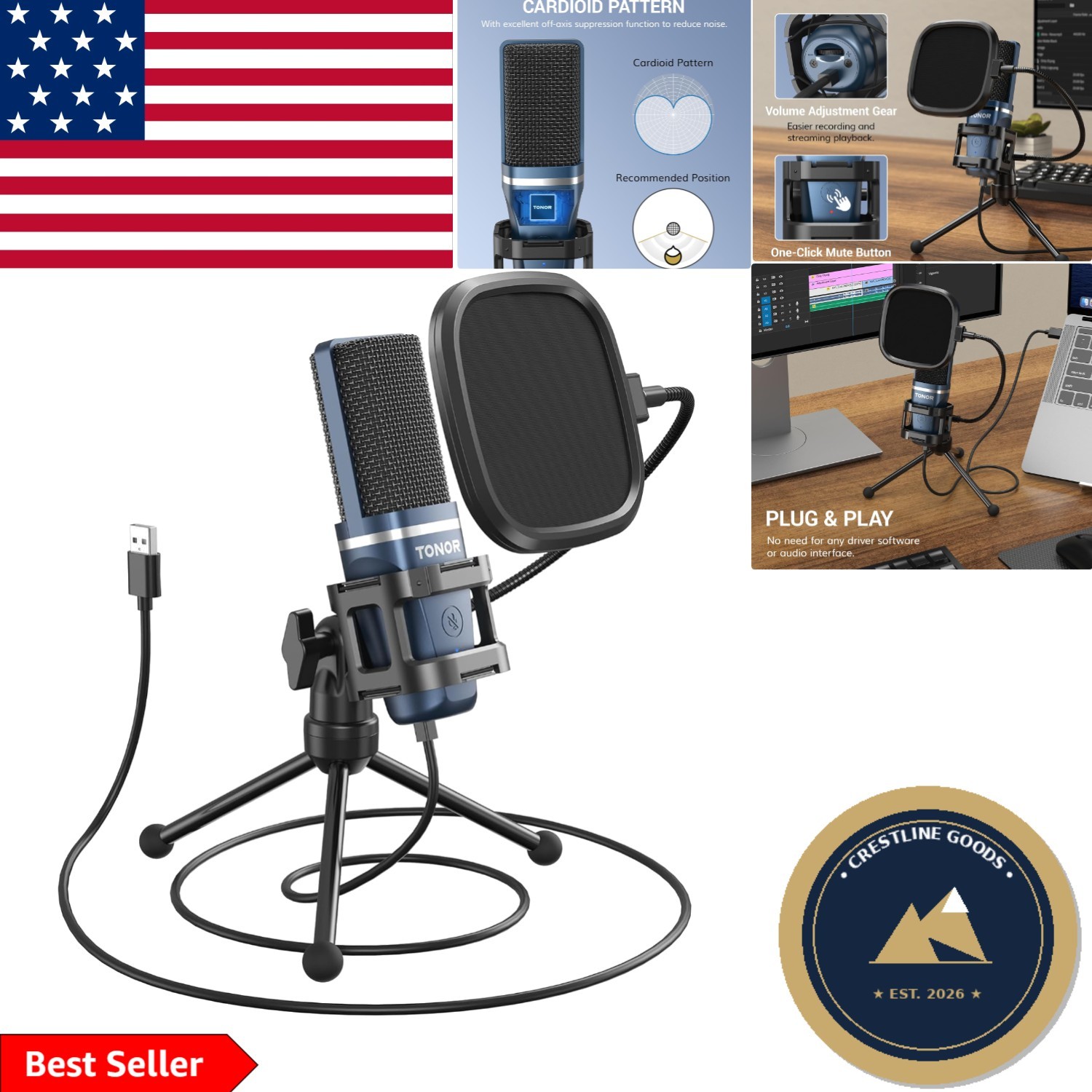 TC-777 USB Cardioid Microphone with Tripod & Pop Filter for Studio-Quality Sound