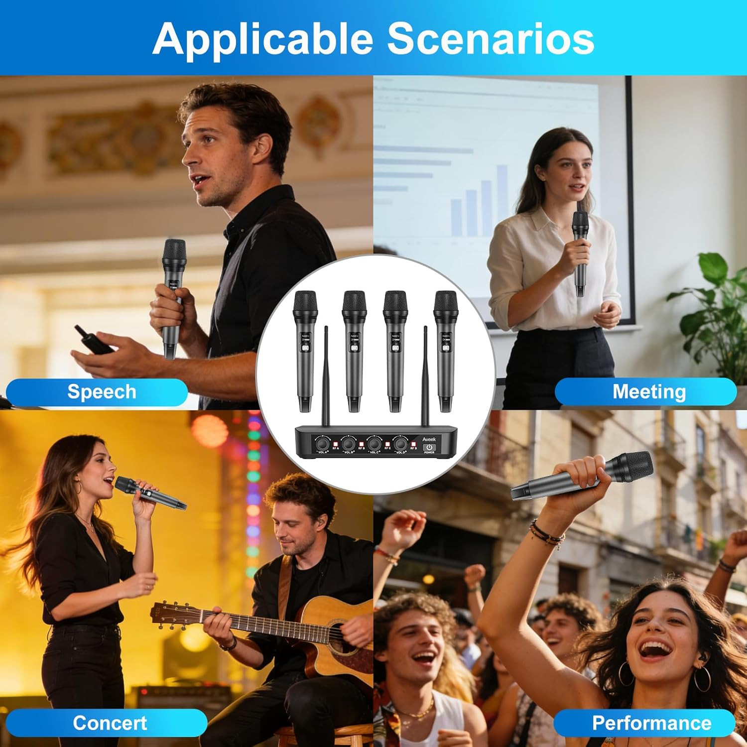 Wireless Microphone System with 4-Pack Dynamic Handheld Mics, 262Ft Long Range,