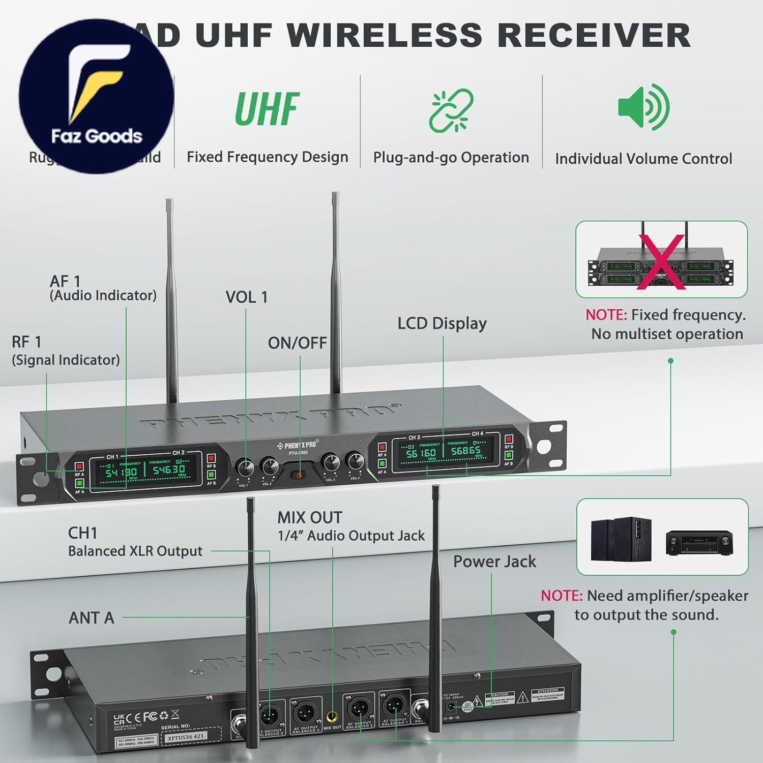 Wireless Microphone System 4-Channel UHF Wireless Mic, Fixed Frequency Metal