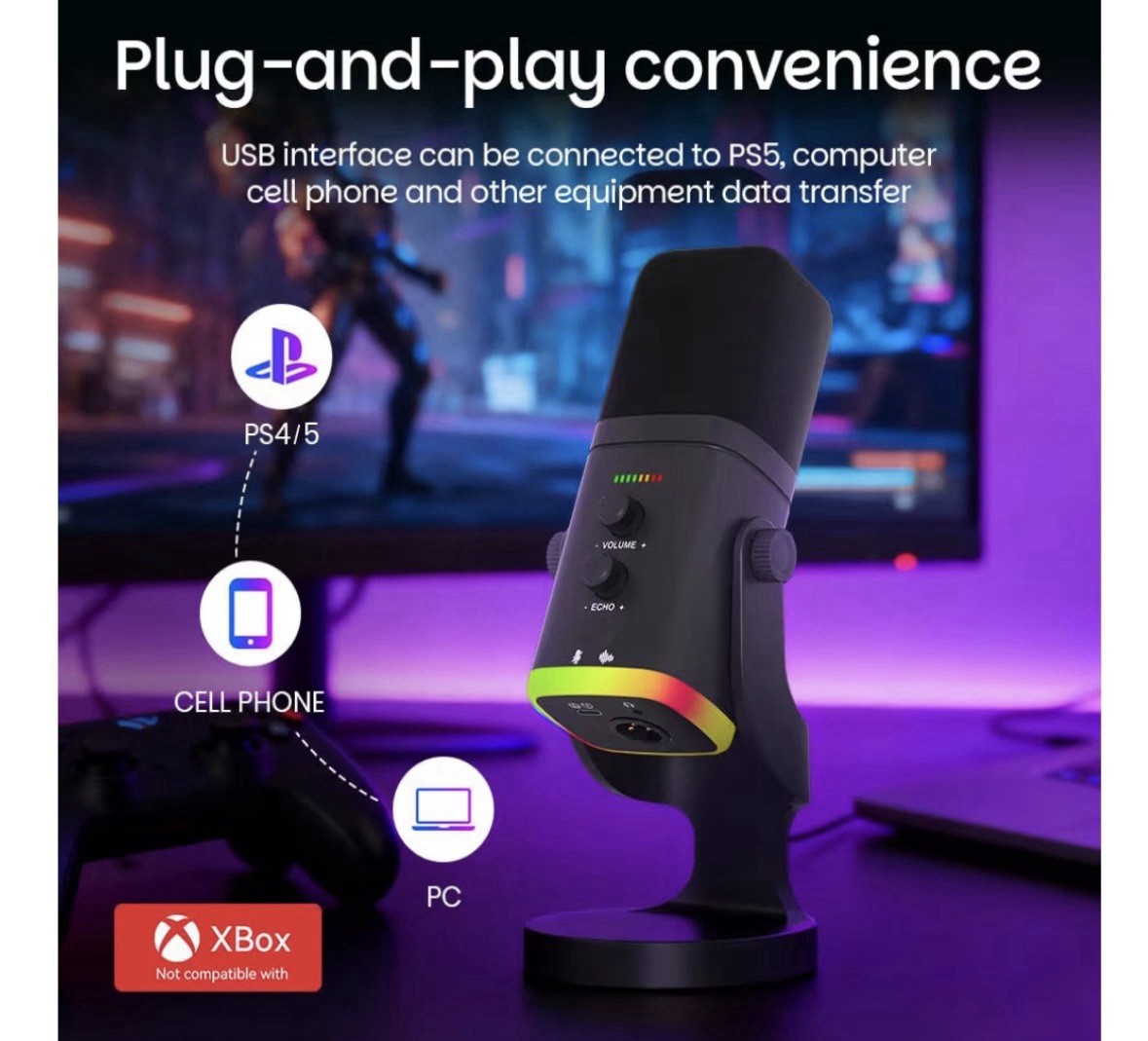 USB/XLR Desktop Dynamic Microphone with RGB Light, Noise Reduction & Mute Button