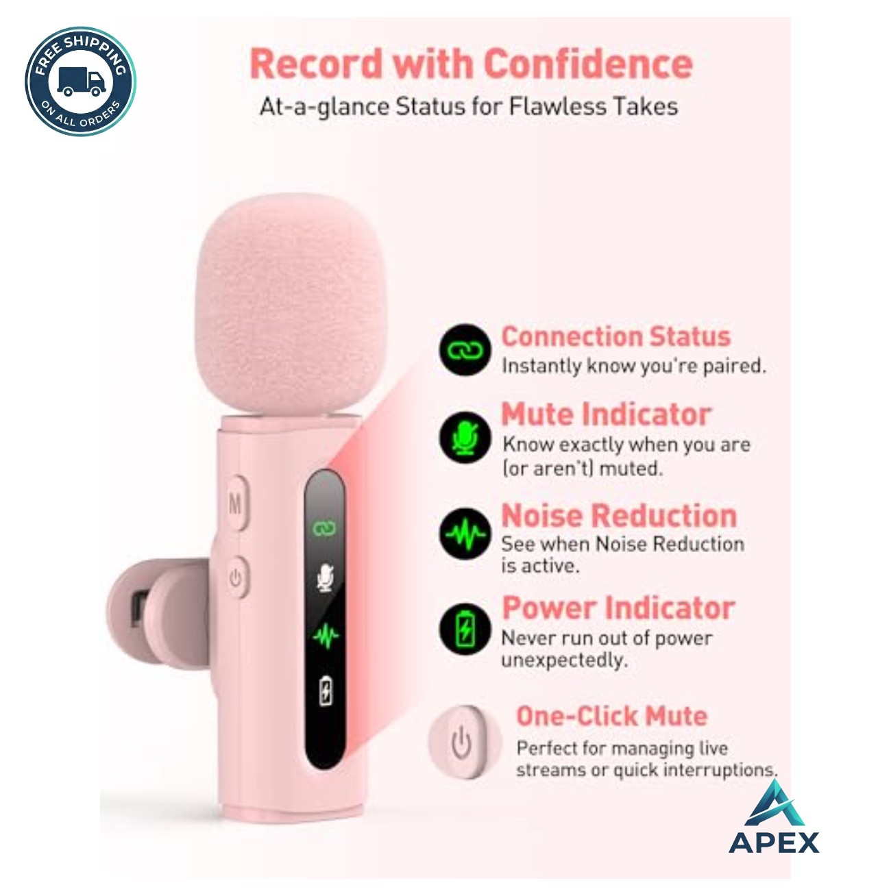 Wireless Lavalier Microphone USB C Denoise Clip On Pink 2 Pack for Phone Tablet