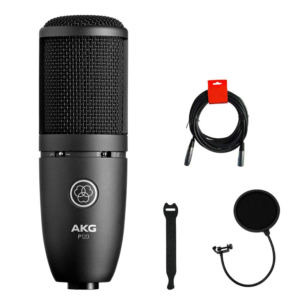 AKG P120 Cardioid Condenser Microphone (Black) w/ XLR Cable, Pop Filter & Straps