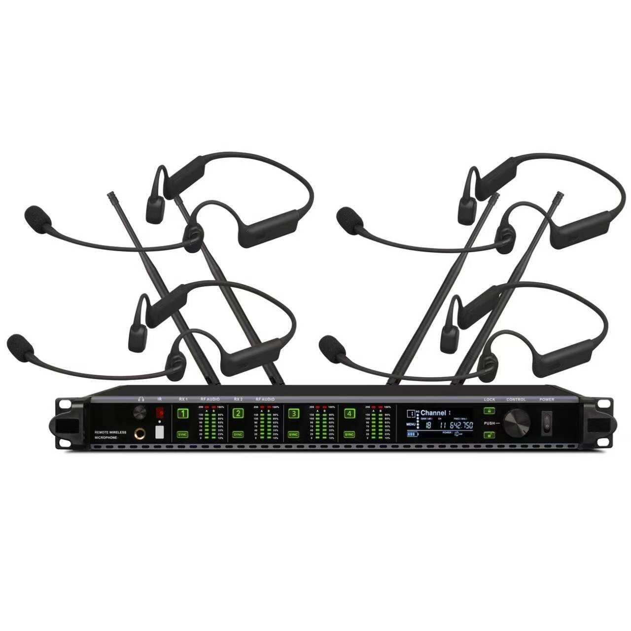 Wireless Microphone System UHF Rechargeable Four Headset mic for Public Speaking