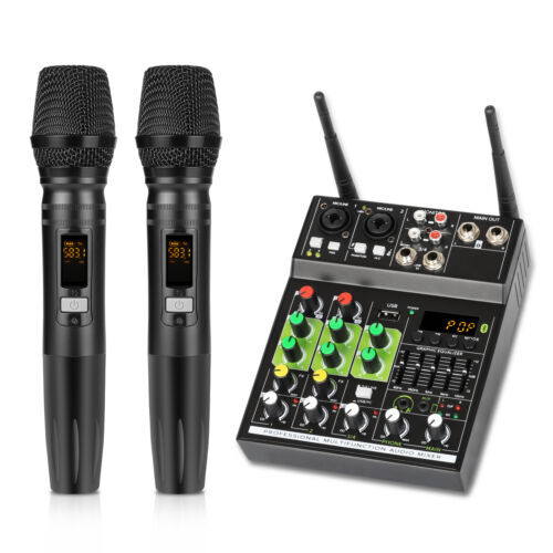 4 Channels Stereo Audio Mixer Build-in Effect UHF with Wireless 2pcs Microphones