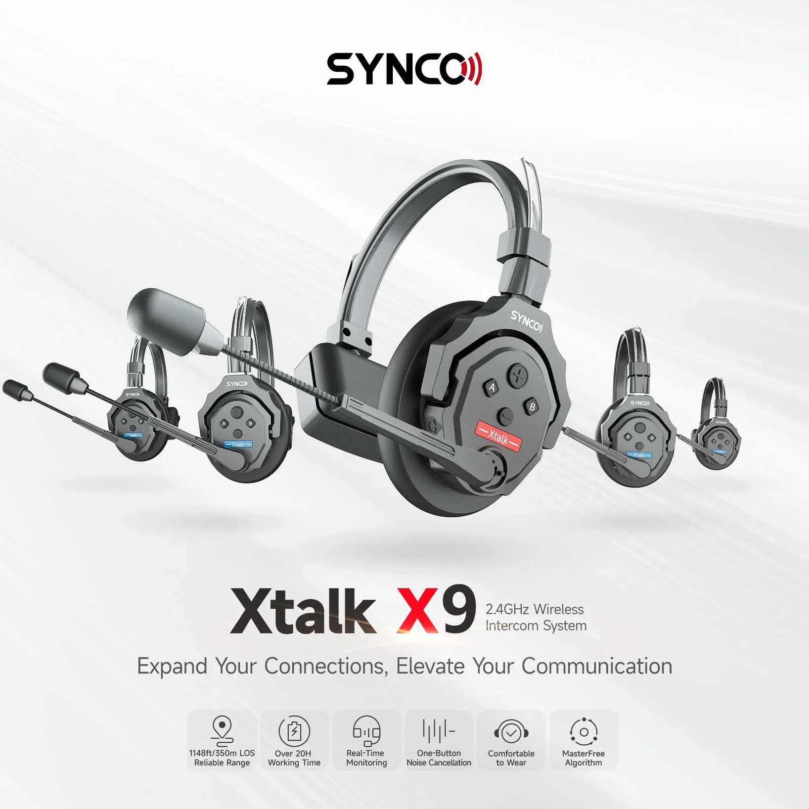 US SYNCO Xtalk X9 Wireless Intercom Headset System 2.4GHz Full Duplex 9-Person