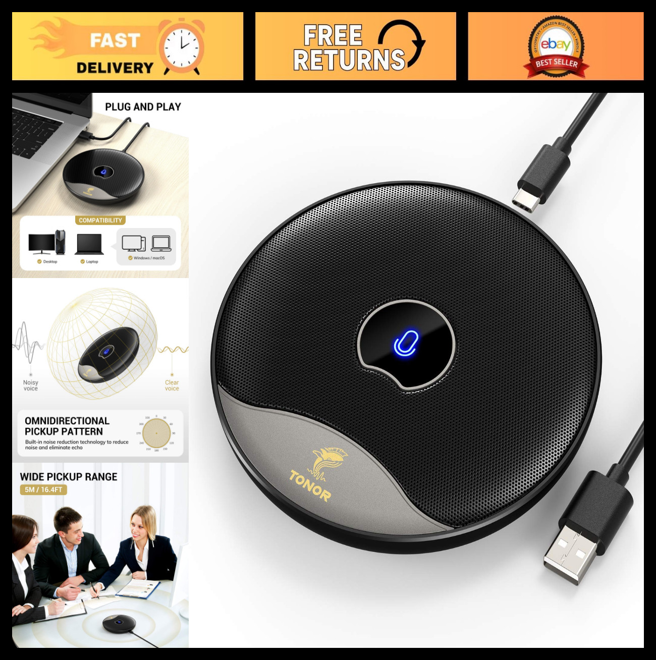 360° Omnidirectional USB Conference Microphone for Online Meetings, Zoom, Skype,