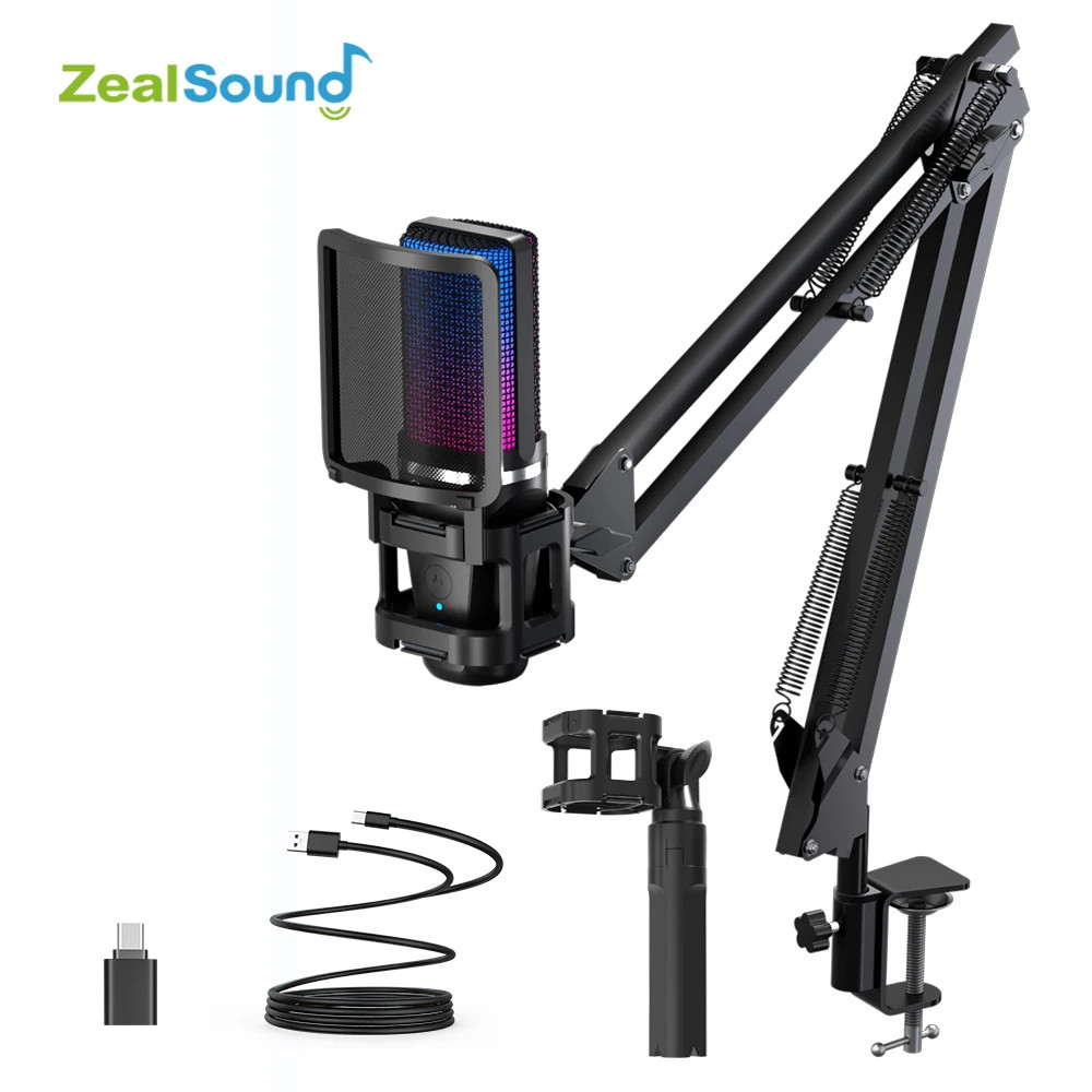 Zealsound RGB Condenser Microphone — Articulating Arm, Tripod for Streaming/Podc