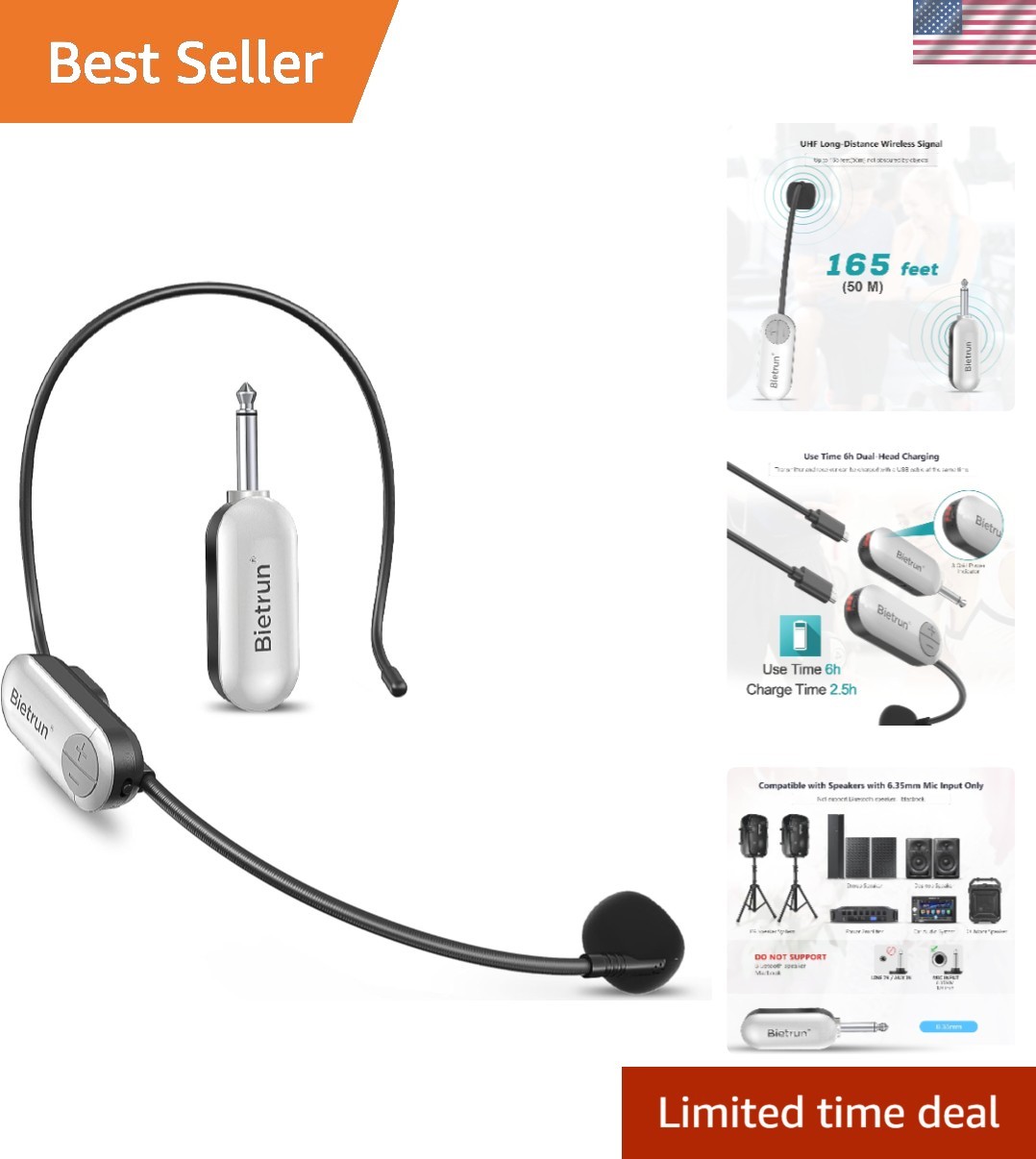 165ft UHF Wireless Microphone Headset – 6 Hours Use for Karaoke & Teaching
