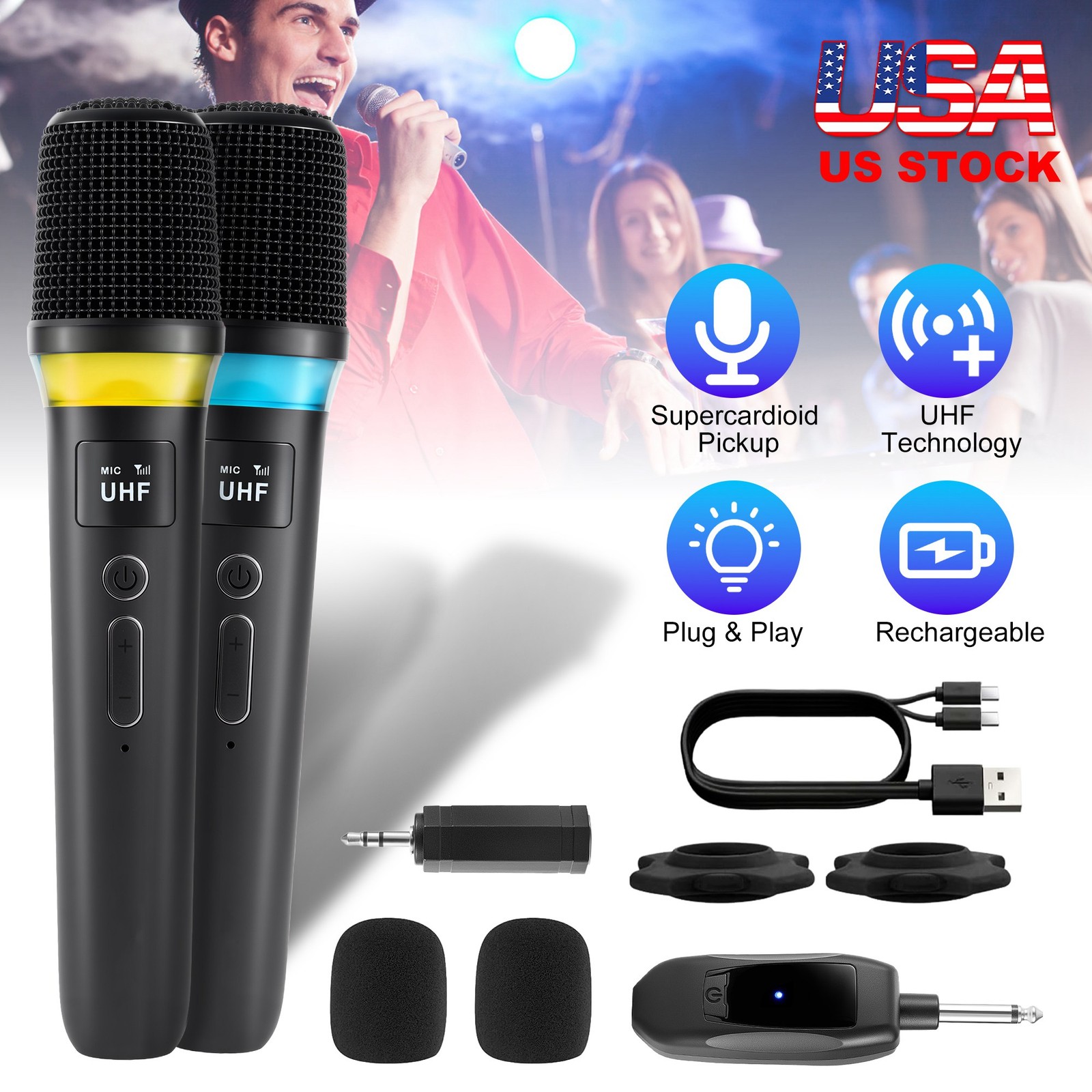 2Pcs UHF Wireless Microphones Handheld Mic System Karaoke Dynamic Microphone