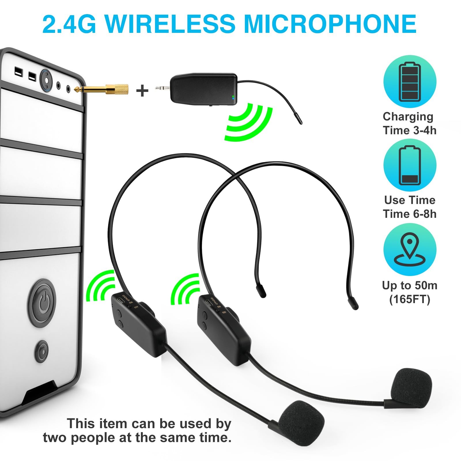oxxyeeKS Wireless Microphone System for 2 People,160ft Range, Small, Black