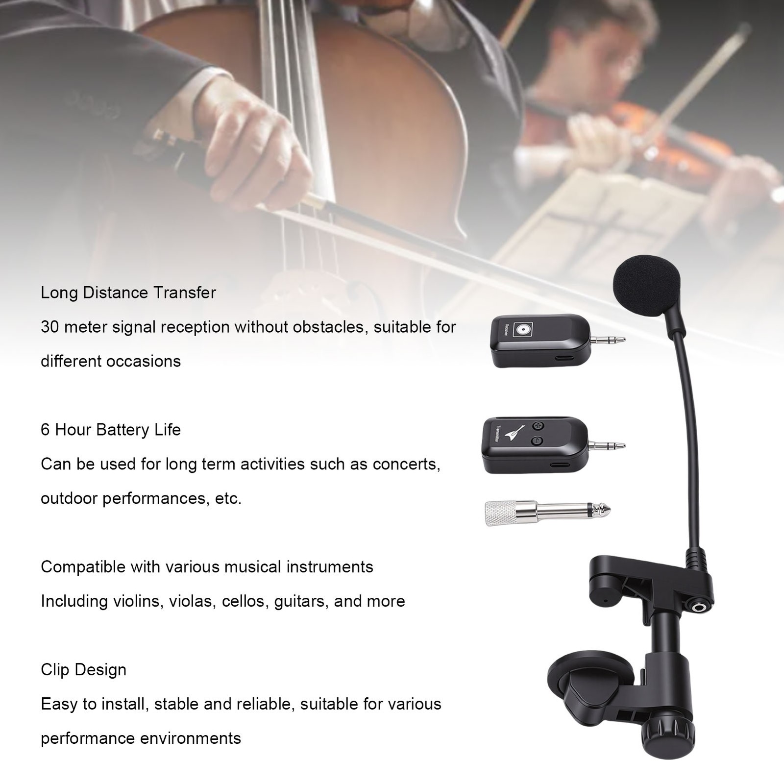 Wireless Instrument Microphone 2.4G Violin Cello Guitar Clip On Condenser Mic