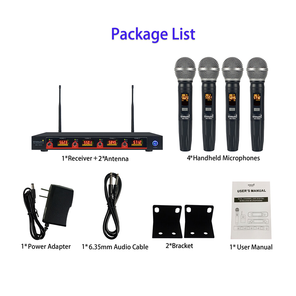 4 Channel UHF Wireless Microphone System 4 Handheld IR Karaoke Church Microphone