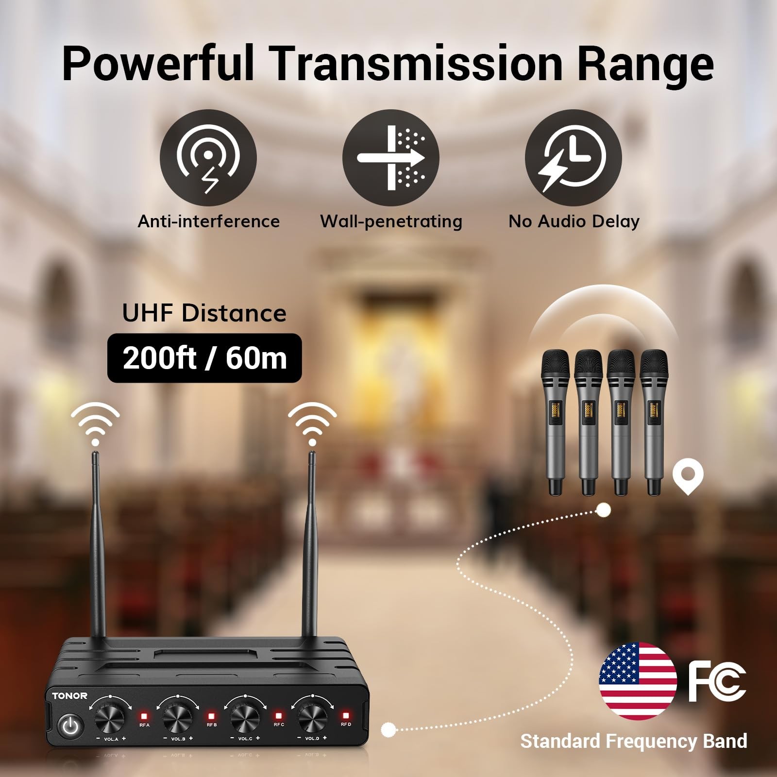 TONOR Wireless Microphones System with 4x10Channels Cordless Handheld,60 m/200FT