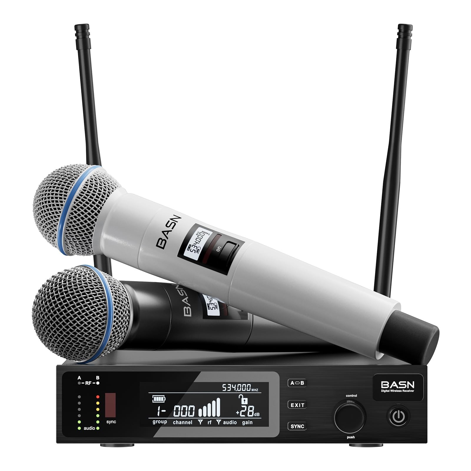 BASN Wireless Two Microphone System with UHF Dual-Channel Black & White